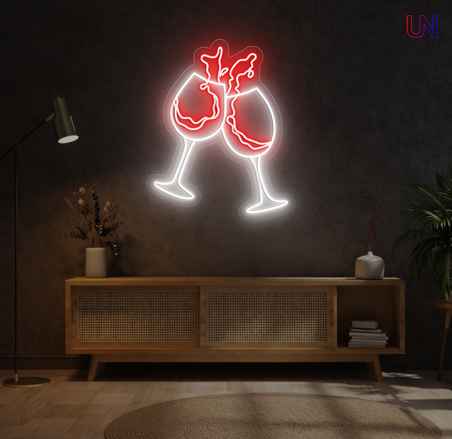 Wine glasses cheers custom LED neon sign in warm neon glow - Urban Now Company Edmonton