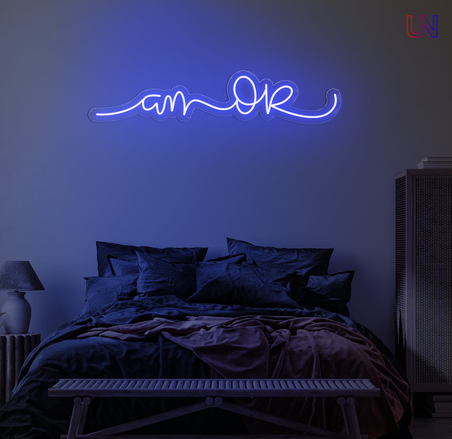 “Am Okay” handwritten-style custom neon sign glowing softly above a cozy bed setup