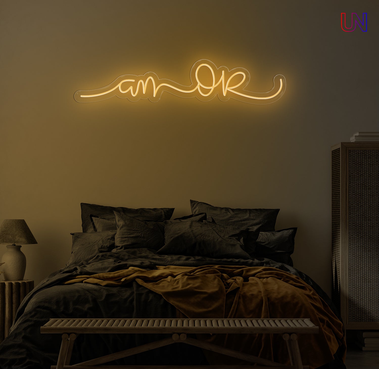 “Am Okay” handwritten-style custom neon sign glowing softly above a cozy bed setup