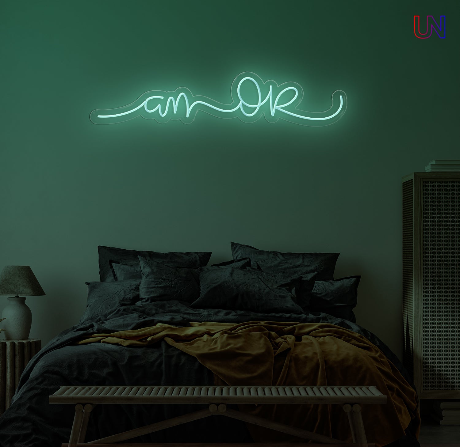 “Am Okay” handwritten-style custom neon sign glowing softly above a cozy bed setup