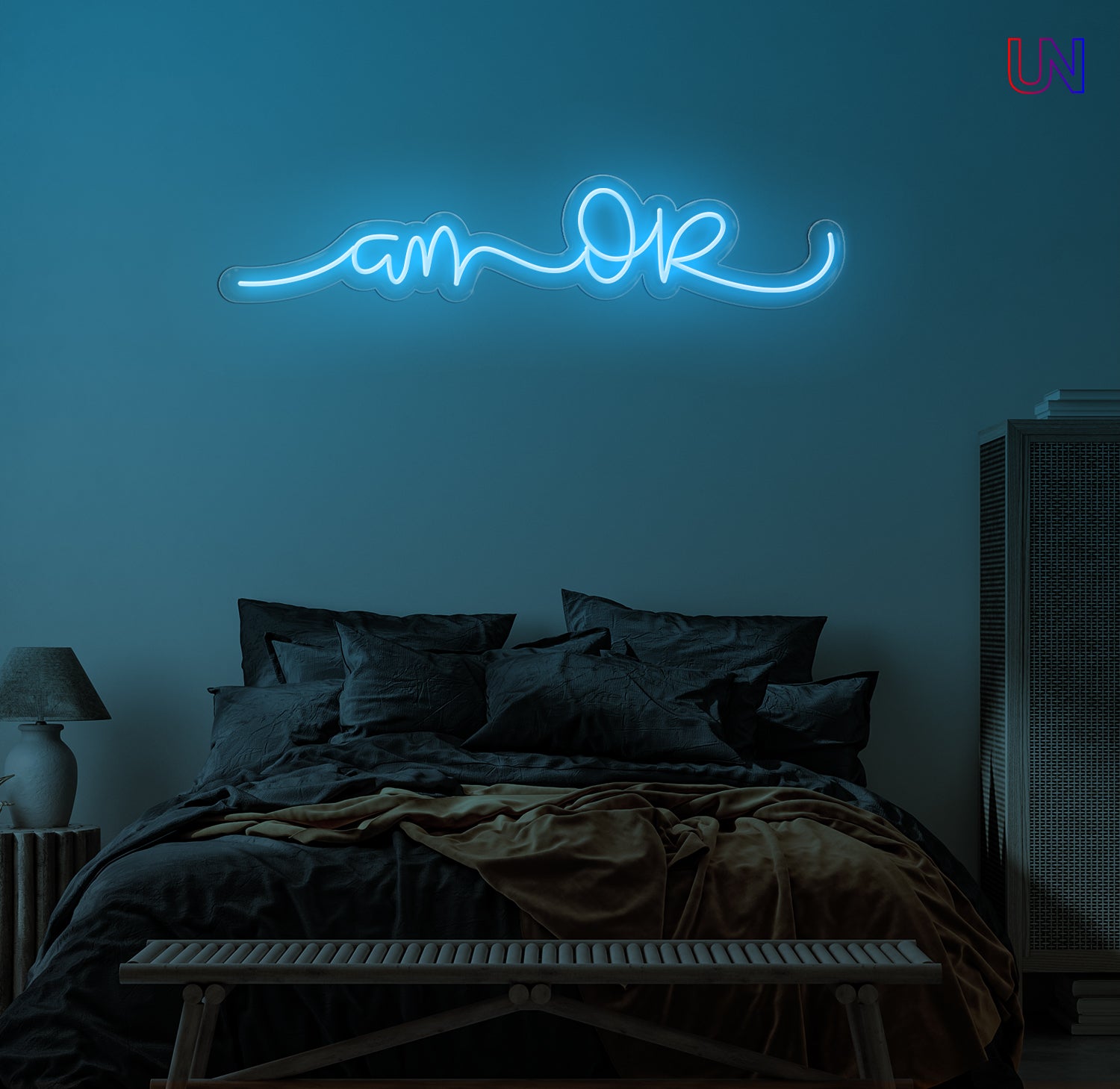 “Am Okay” handwritten-style custom neon sign glowing softly above a cozy bed setup