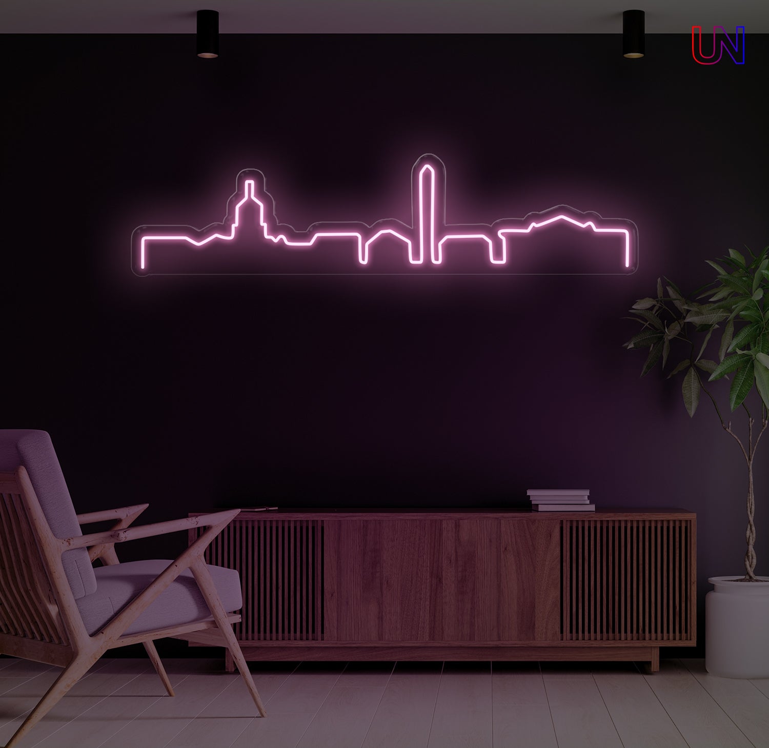 City skyline custom neon sign mounted on a wall – minimalist neon wall decor for home or office