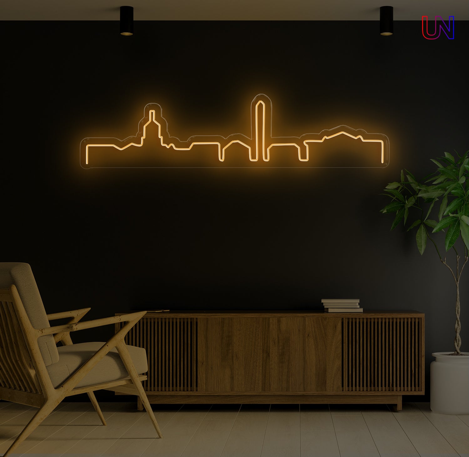 City skyline custom neon sign mounted on a wall – minimalist neon wall decor for home or office