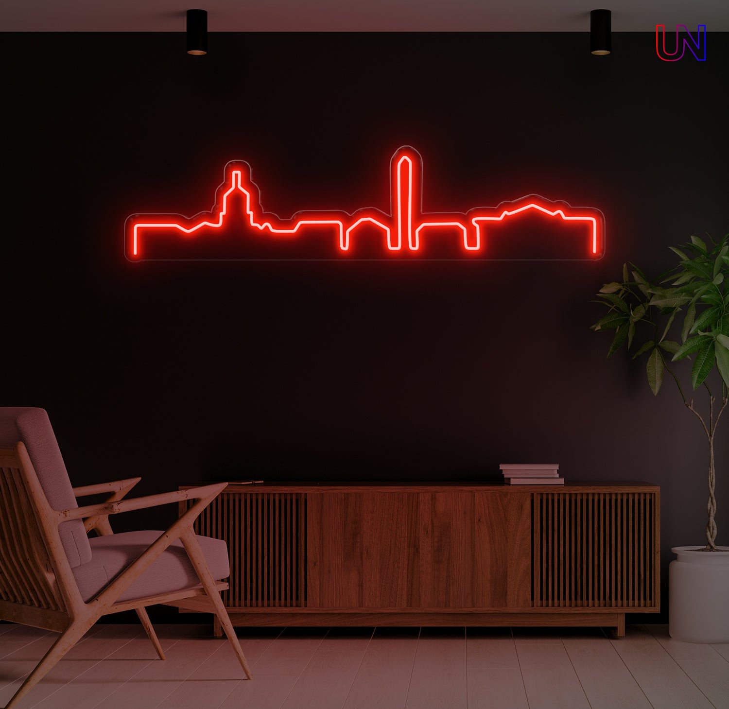City skyline custom neon sign mounted on a wall – minimalist neon wall decor for home or office