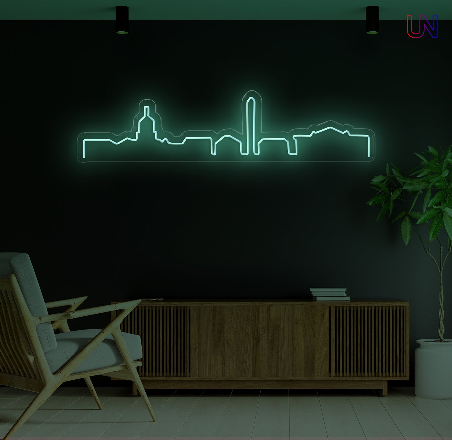 City skyline custom neon sign mounted on a wall – minimalist neon wall decor for home or office
