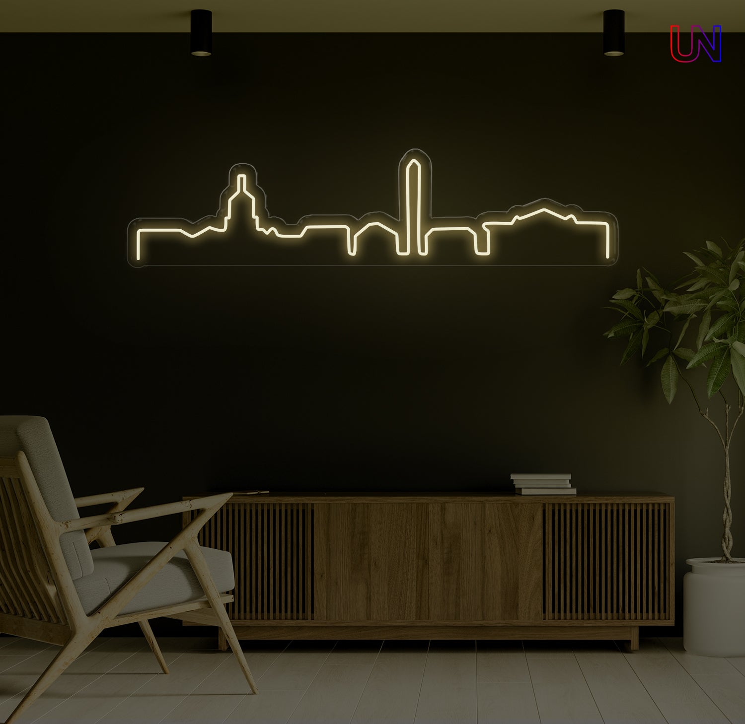 City skyline custom neon sign mounted on a wall – minimalist neon wall decor for home or office
