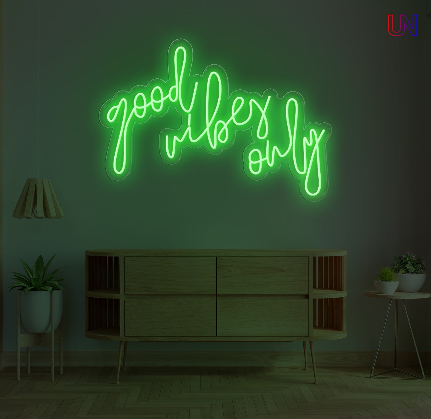 Custom 'Good Vibes Only' LED neon sign in a vibrant script font, perfect for home decor, businesses, or events, creating a warm and inviting atmosphere."