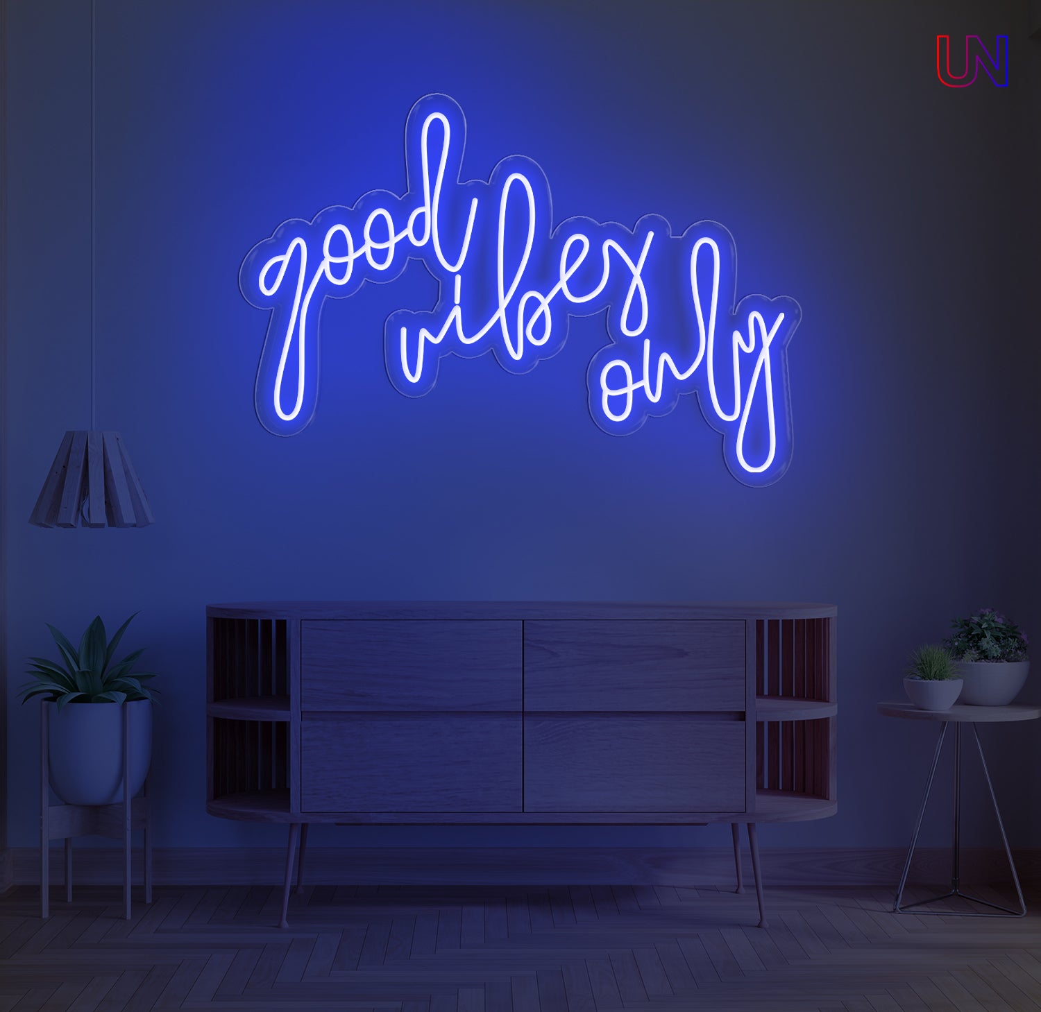 Custom 'Good Vibes Only' LED neon sign in a vibrant script font, perfect for home decor, businesses, or events, creating a warm and inviting atmosphere."