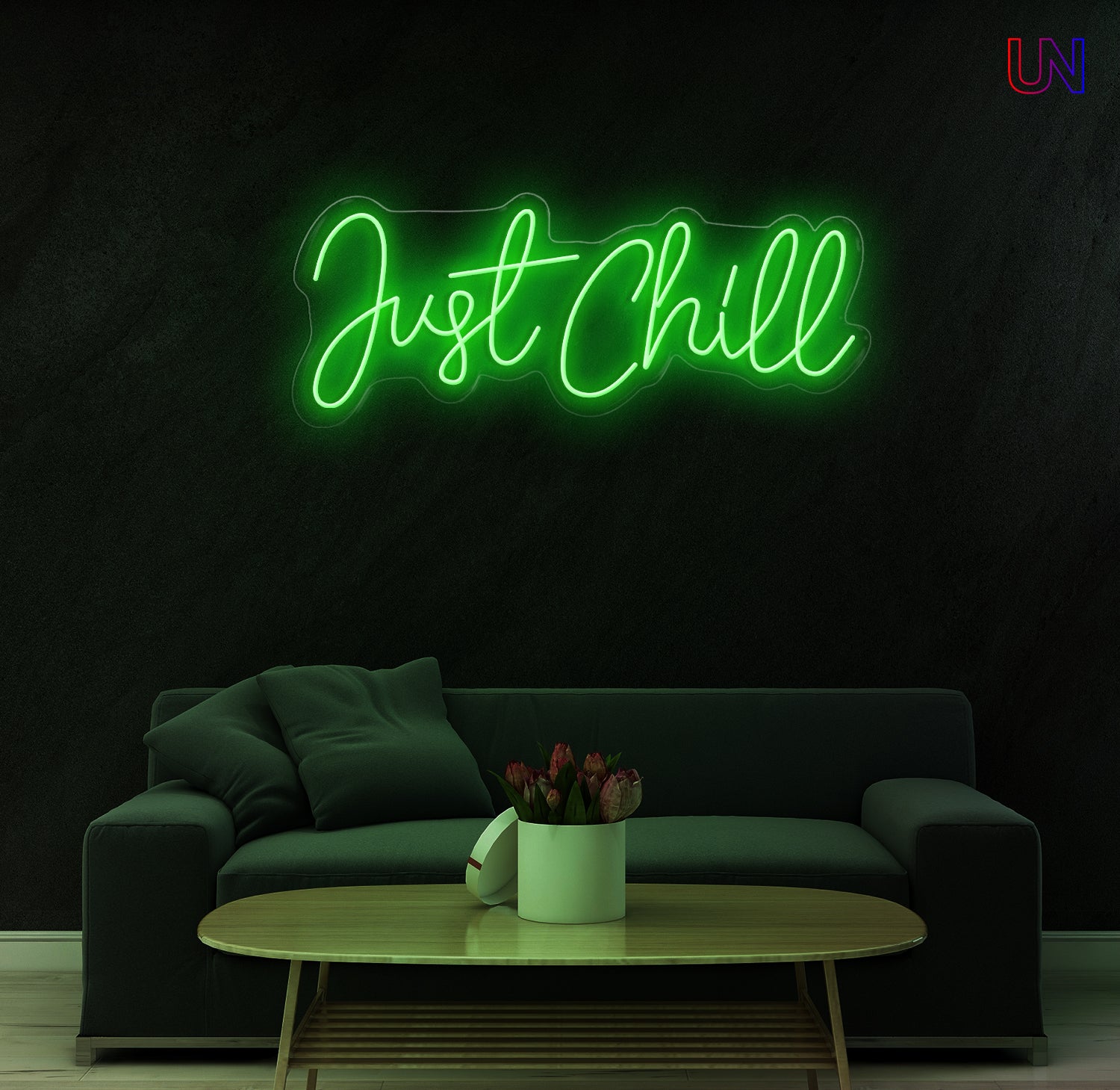 "Just Chill neon sign glowing on wall above sofa – modern LED custom neon wall décor for bedroom, game zone, or lounge area"