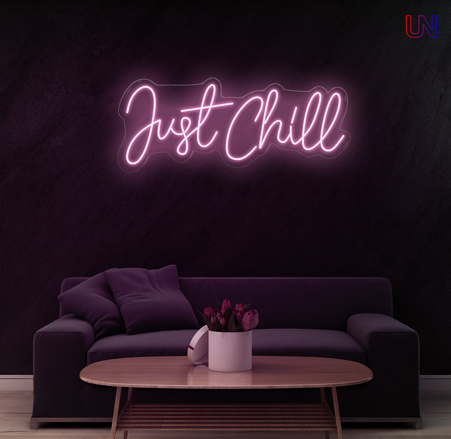 "Just Chill neon sign glowing on wall above sofa – modern LED custom neon wall décor for bedroom, game zone, or lounge area"