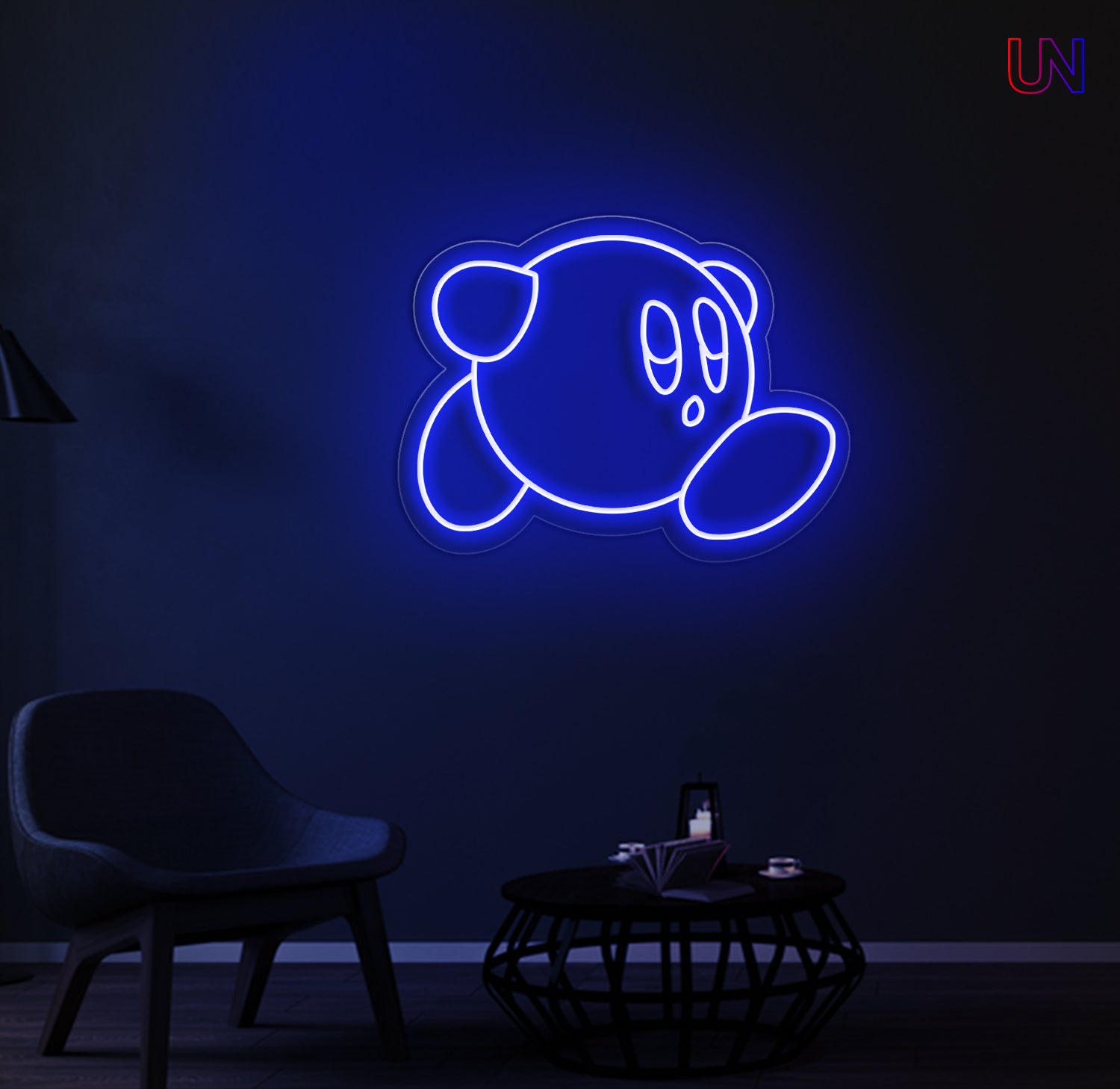 Kirby-inspired custom neon sign glowing on the wall in a modern lounge space.