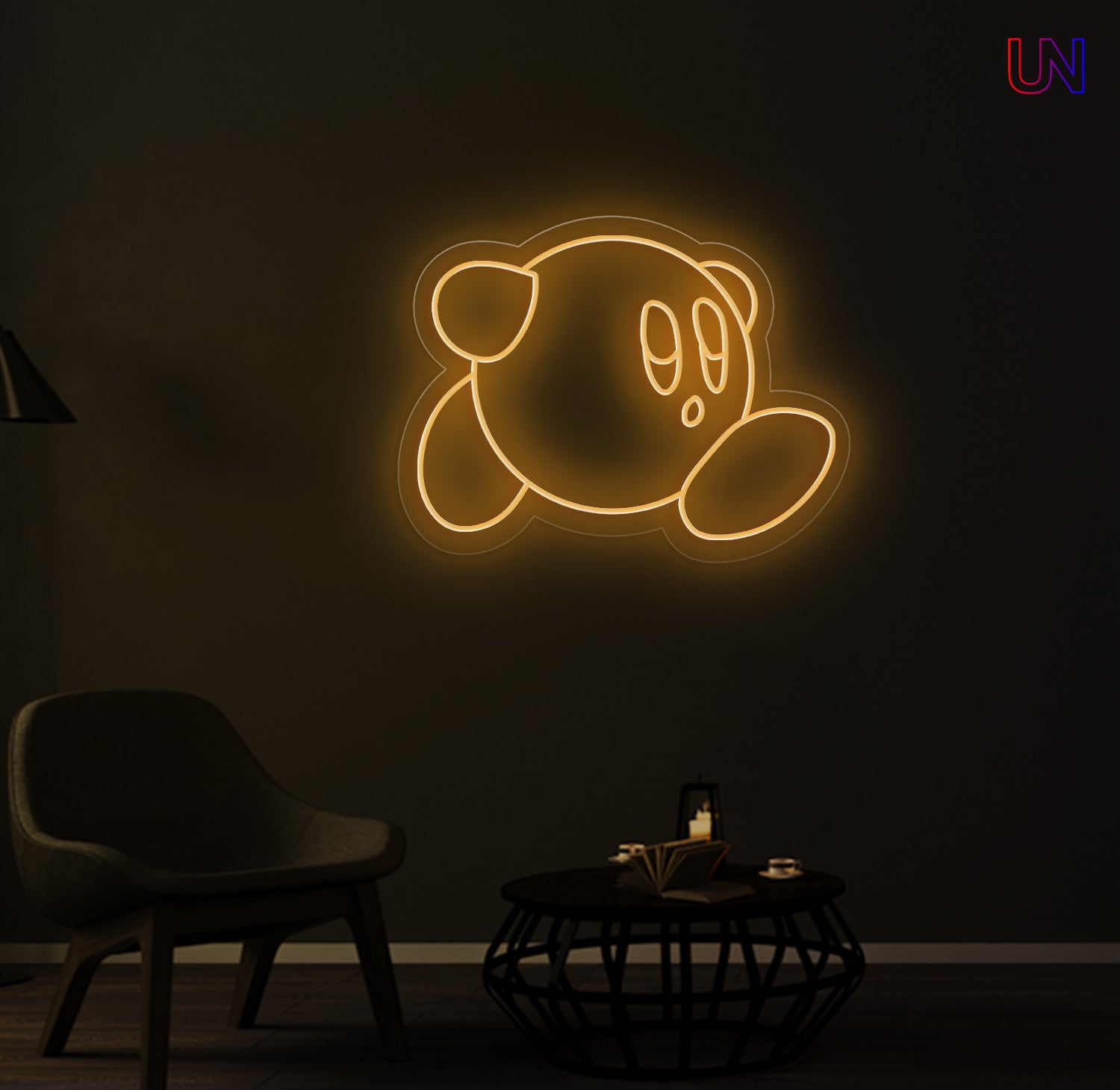 Neon light shaped like a cartoon character on a dark wall with a chair and table in the foreground.