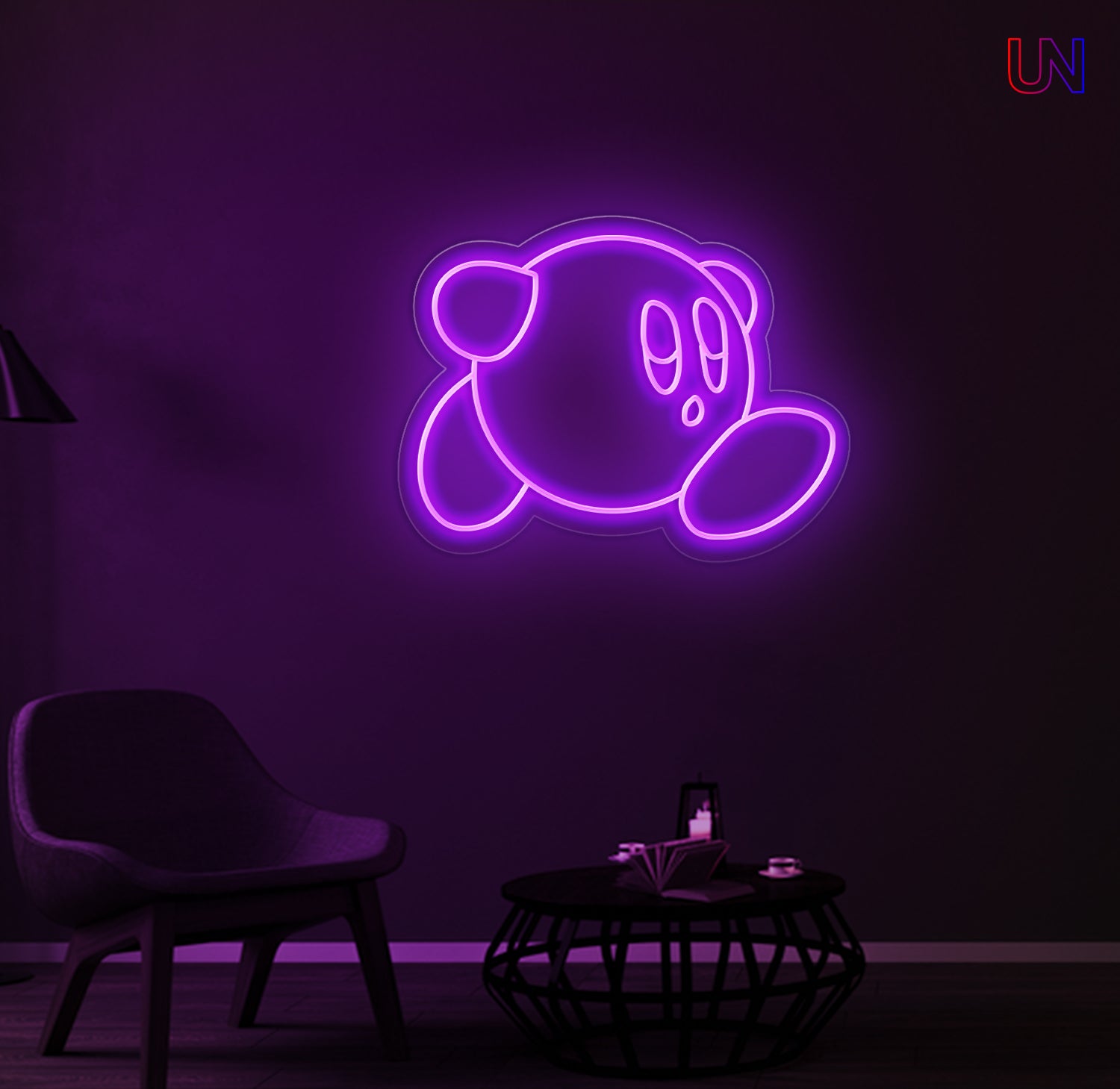 Neon sign of a cartoon character on a dark purple wall with a chair and table in the foreground.