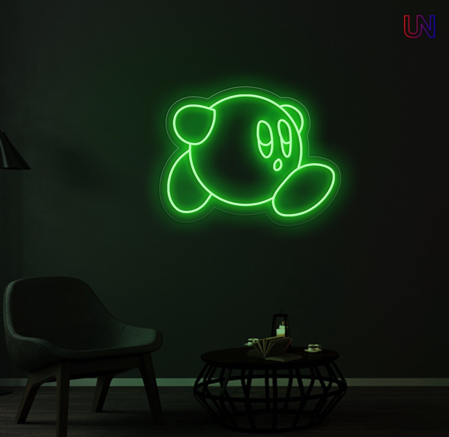 Kirby-inspired custom neon sign glowing on the wall in a modern lounge space.