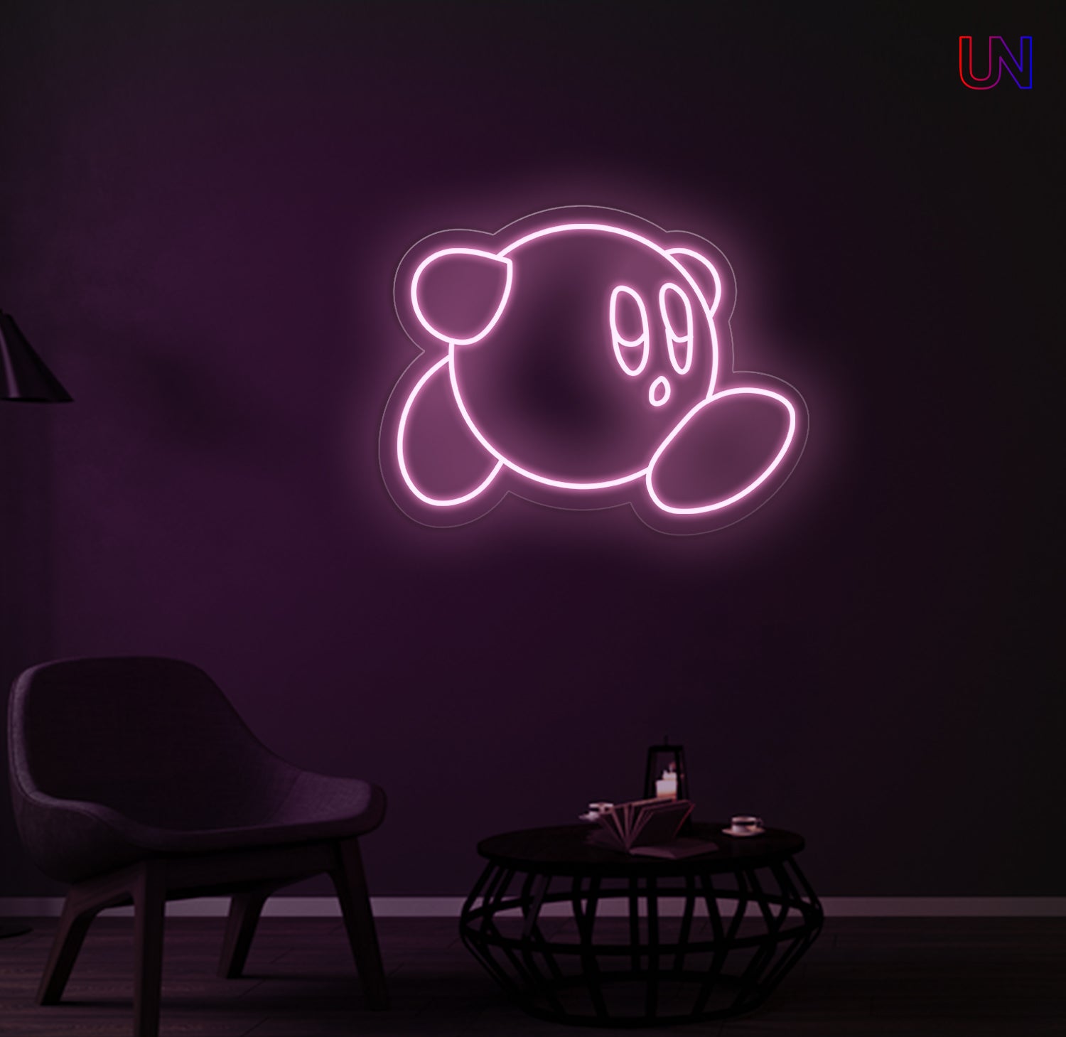 Neon pink character on a dark purple wall with a dark room setting.