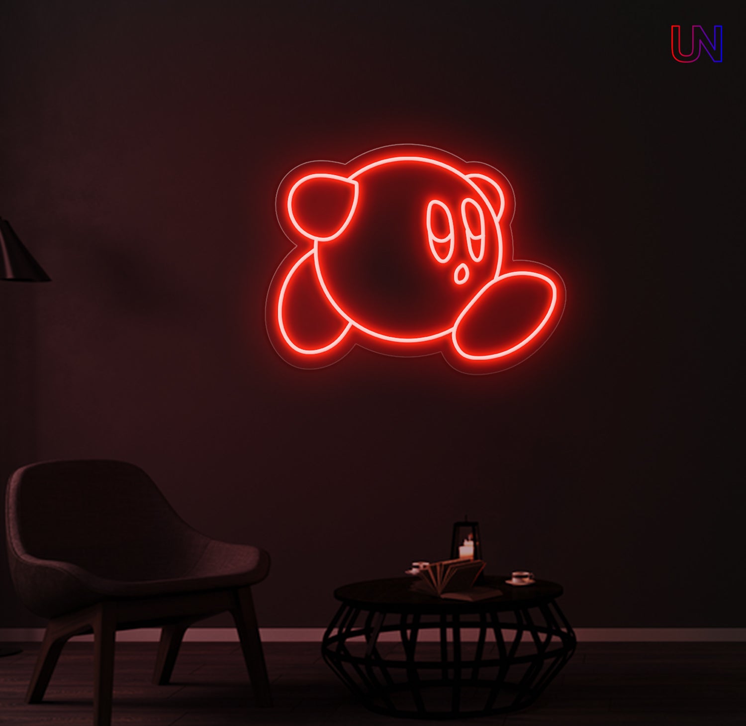 Kirby-inspired custom neon sign glowing on the wall in a modern lounge space.