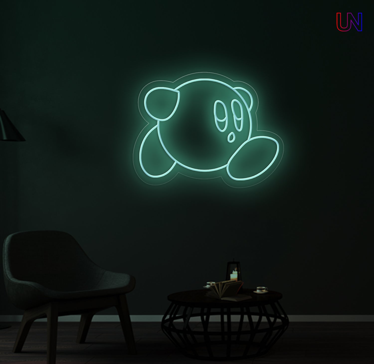 Glowing neon sign of a cartoon character on a dark wall with minimal furniture.