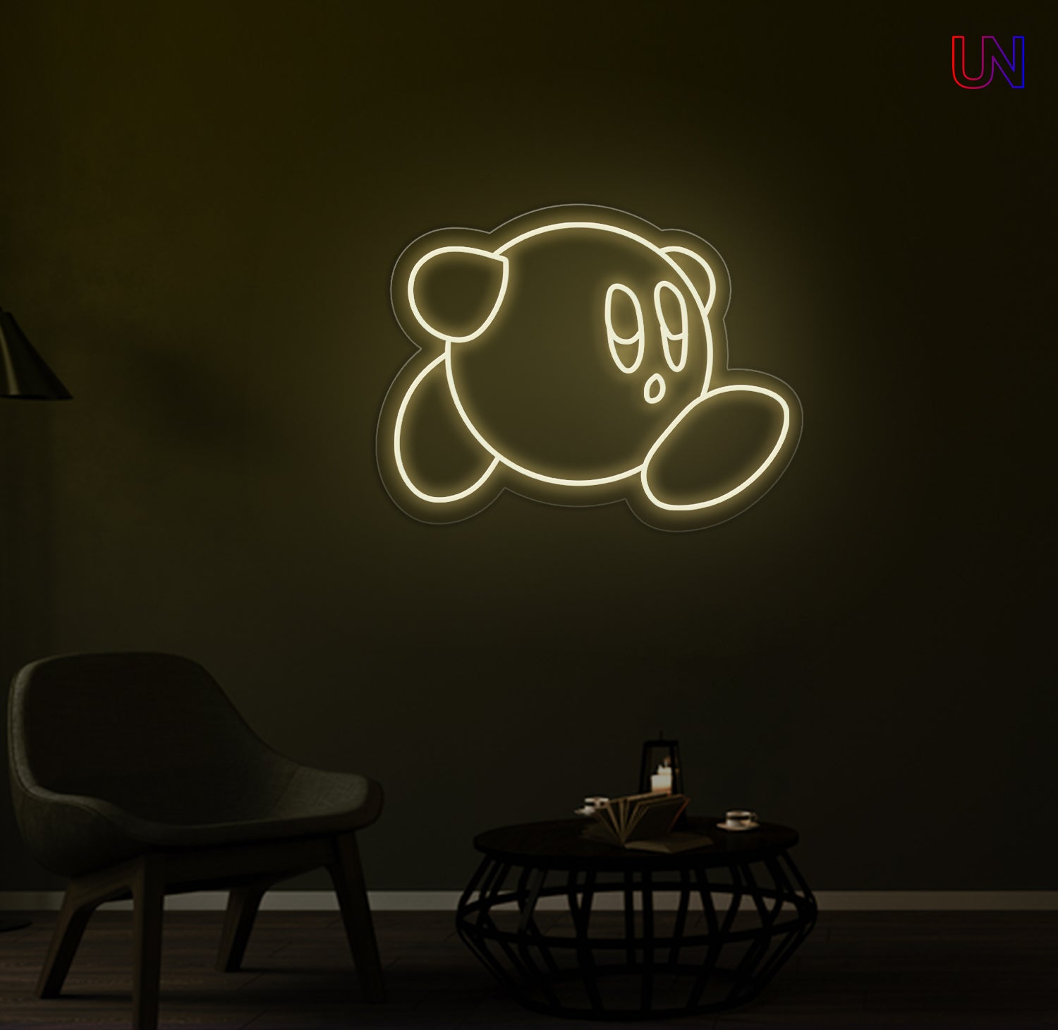 Kirby-inspired custom neon sign glowing on the wall in a modern lounge space.