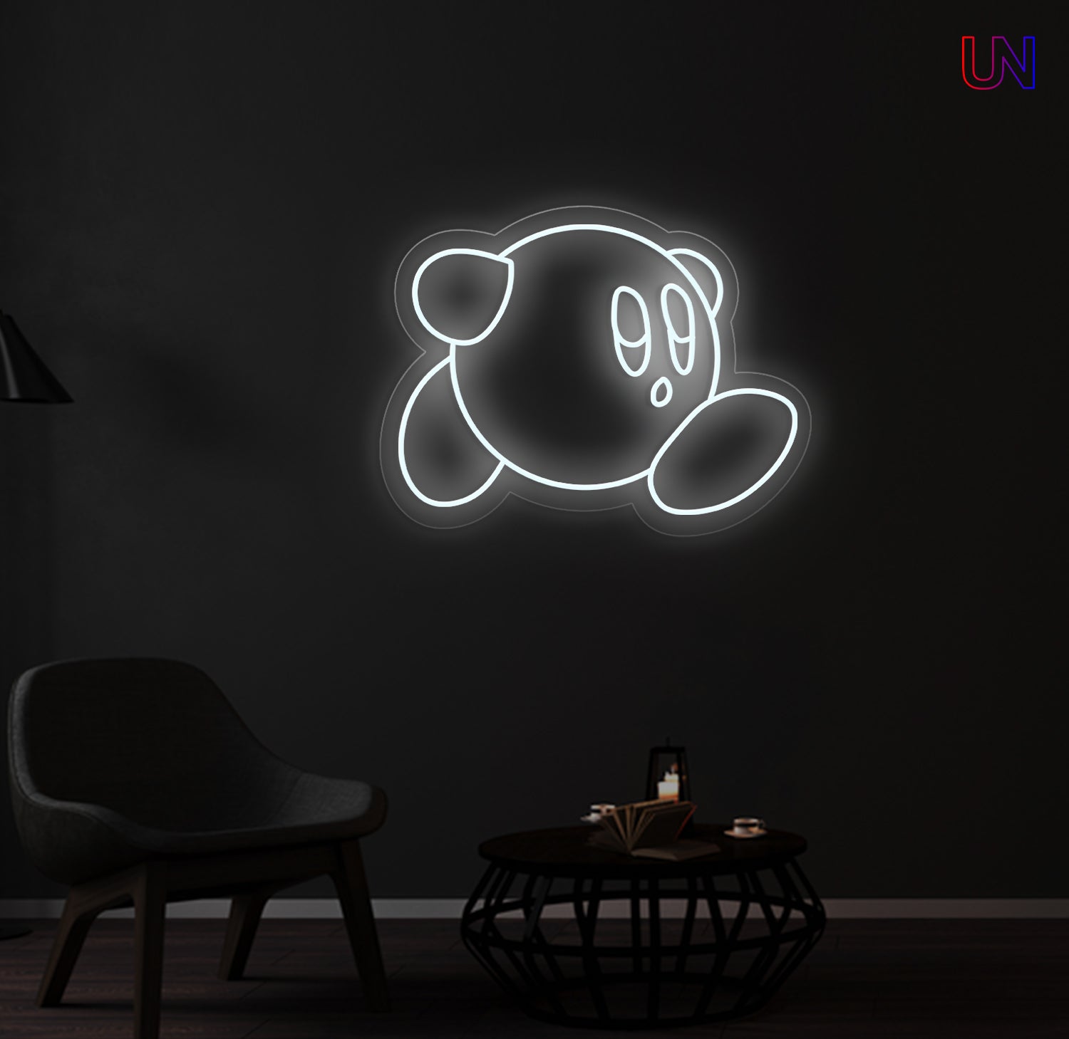 Kirby-inspired custom neon sign glowing on the wall in a modern lounge space.