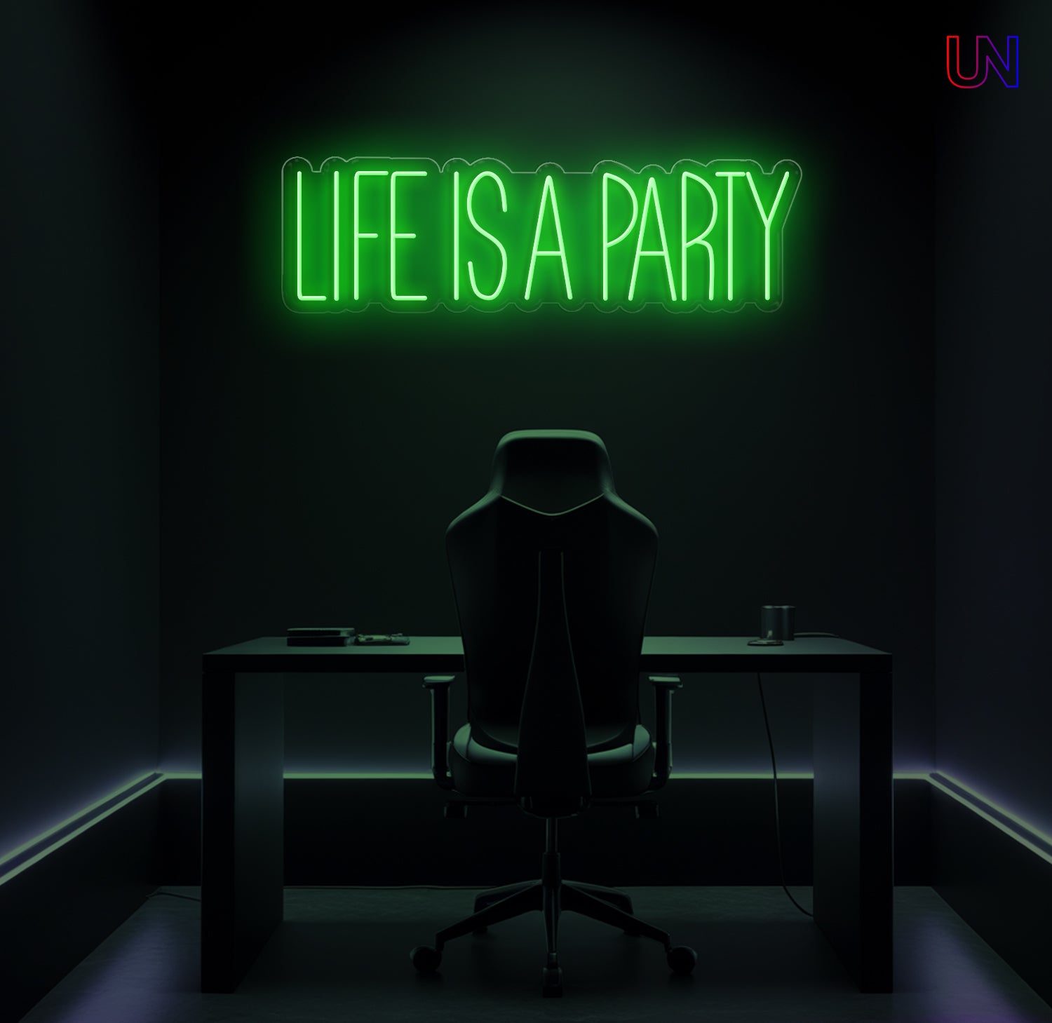 Neon sign reading 'LIFE IS A PARTY' above a desk in a dark room.