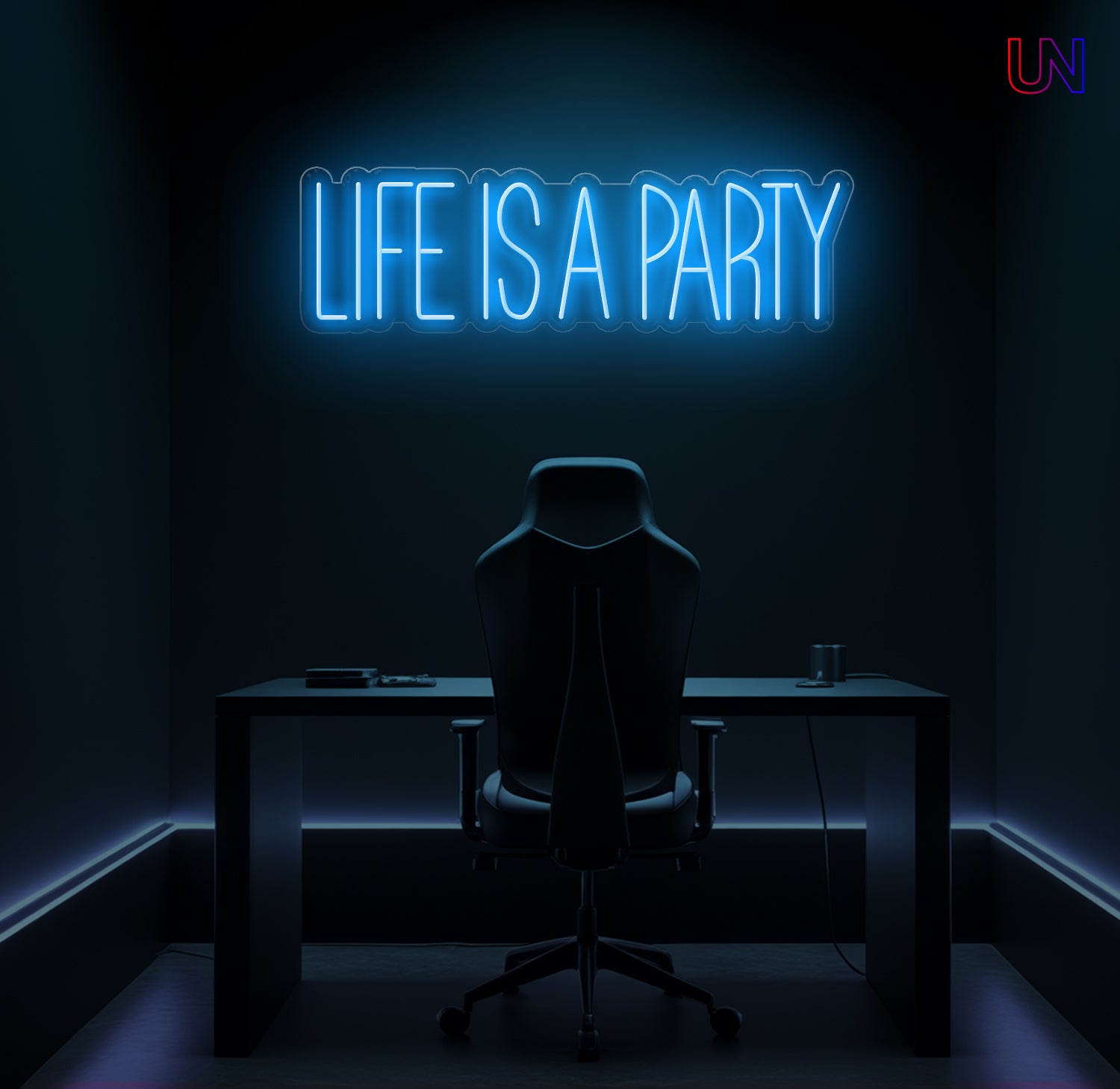 Neon sign reading 'LIFE IS A PARTY' in a dark room with a chair and desk.