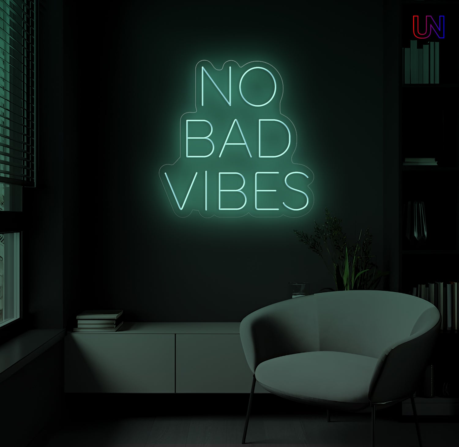 Neon sign with 'No Bad Vibes' in a dark room with a chair.