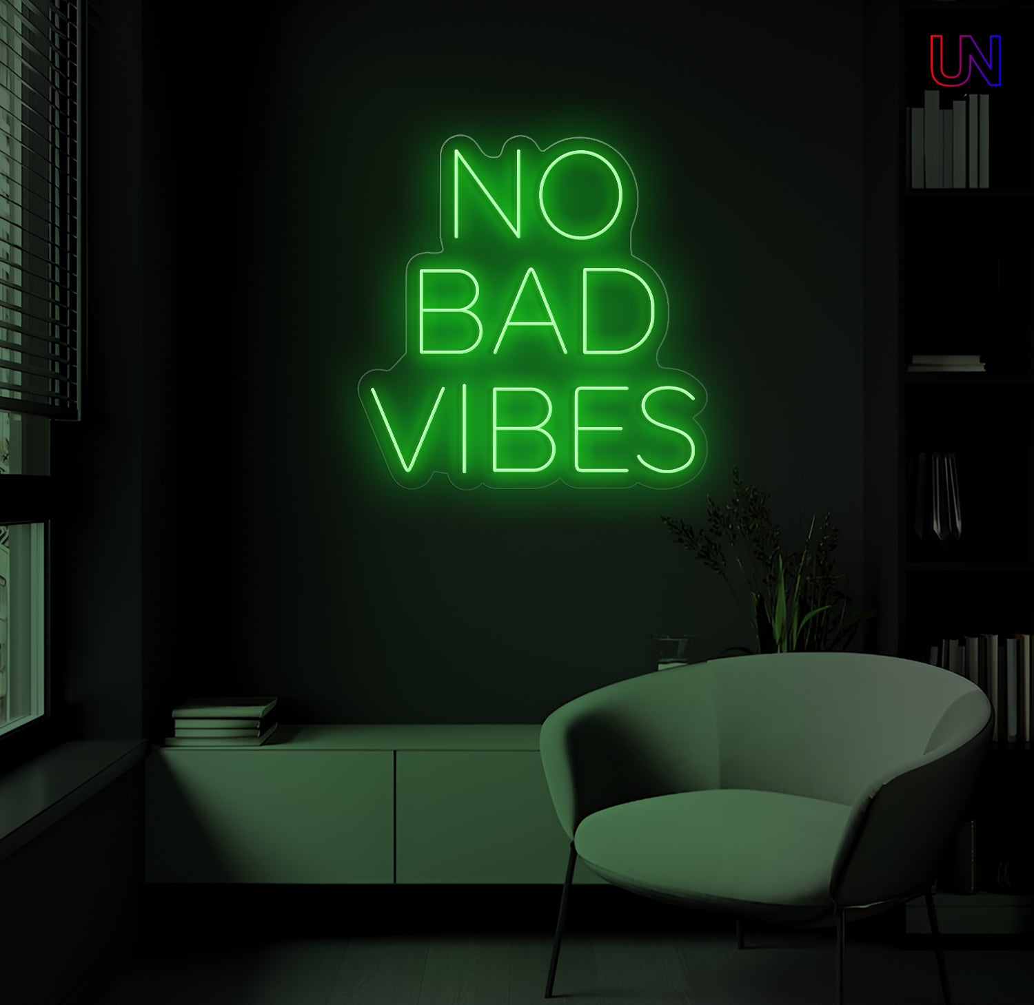 No Bad Vibes LED Neon Sign mounted on wall in modern lounge room with glowing ambient light