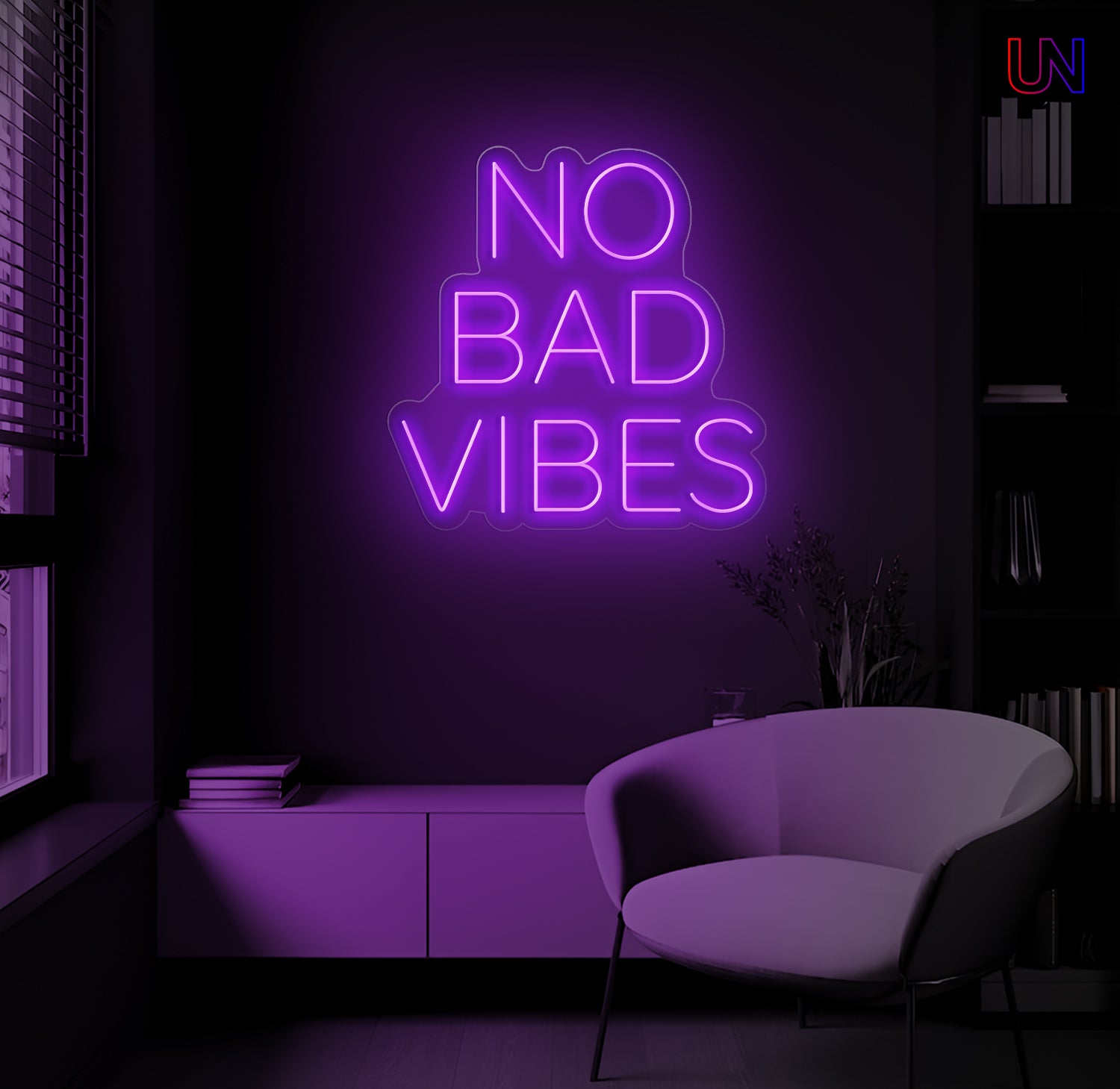 Neon sign saying 'No Bad Vibes' in a dark room with a chair.