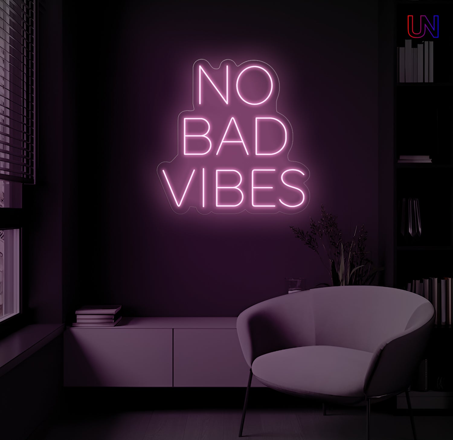No Bad Vibes LED Neon Sign mounted on wall in modern lounge room with glowing ambient light