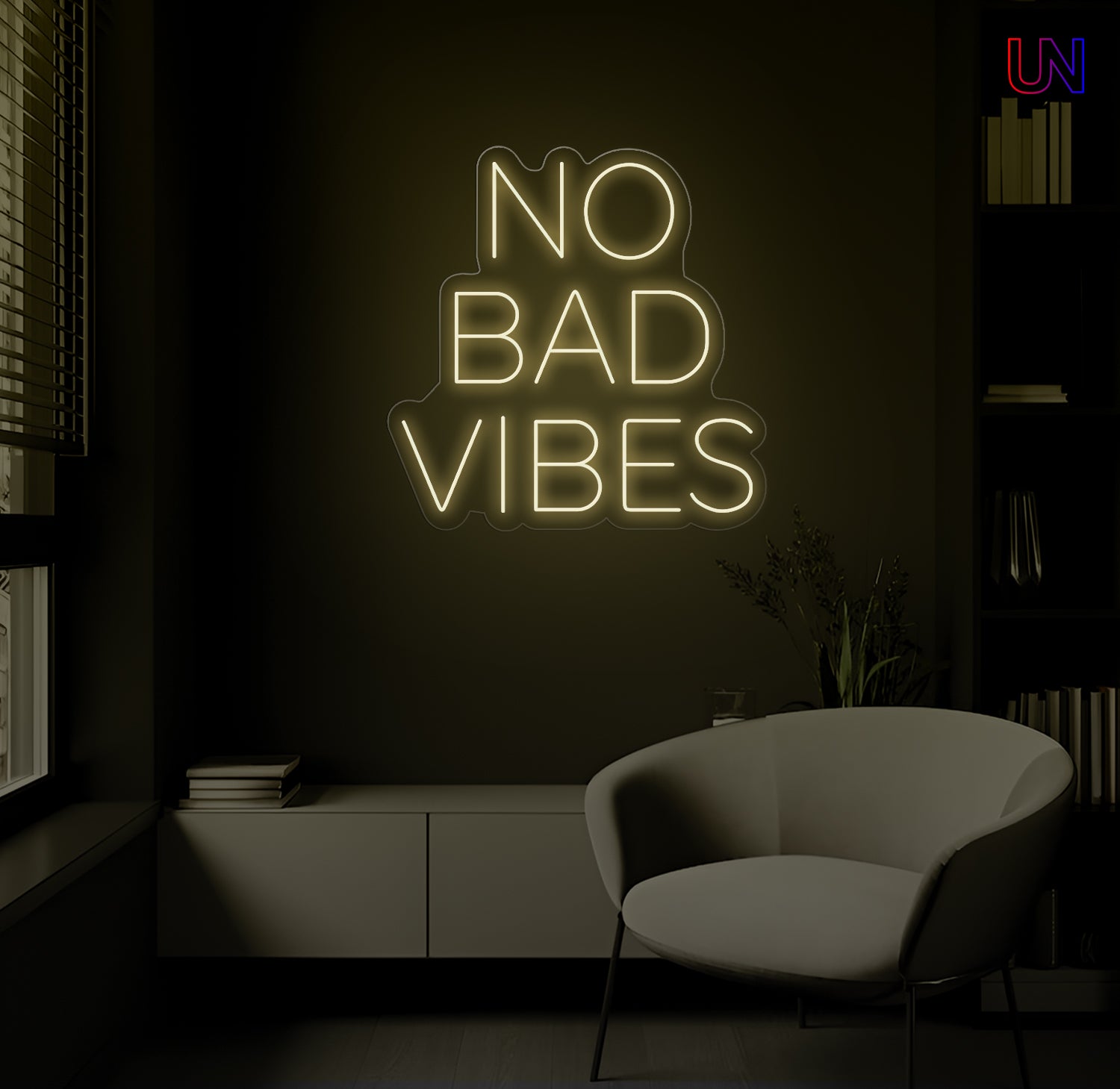No Bad Vibes LED Neon Sign mounted on wall in modern lounge room with glowing ambient light