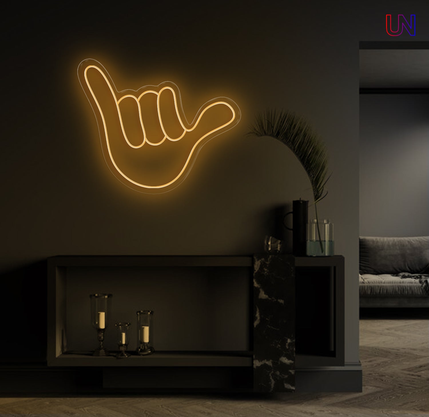 Shaka hand gesture neon sign wall decor for lounge or home interior
