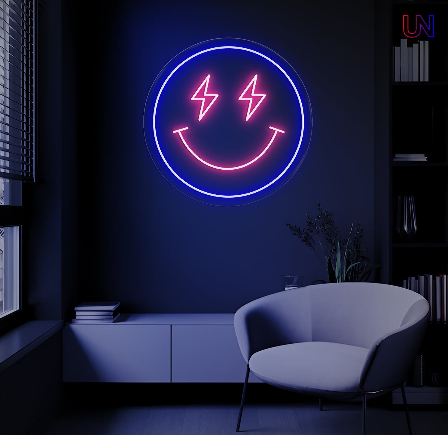 Smiley Face custom neon sign glowing on a dark wall – perfect for creative rooms, studios, and modern interiors