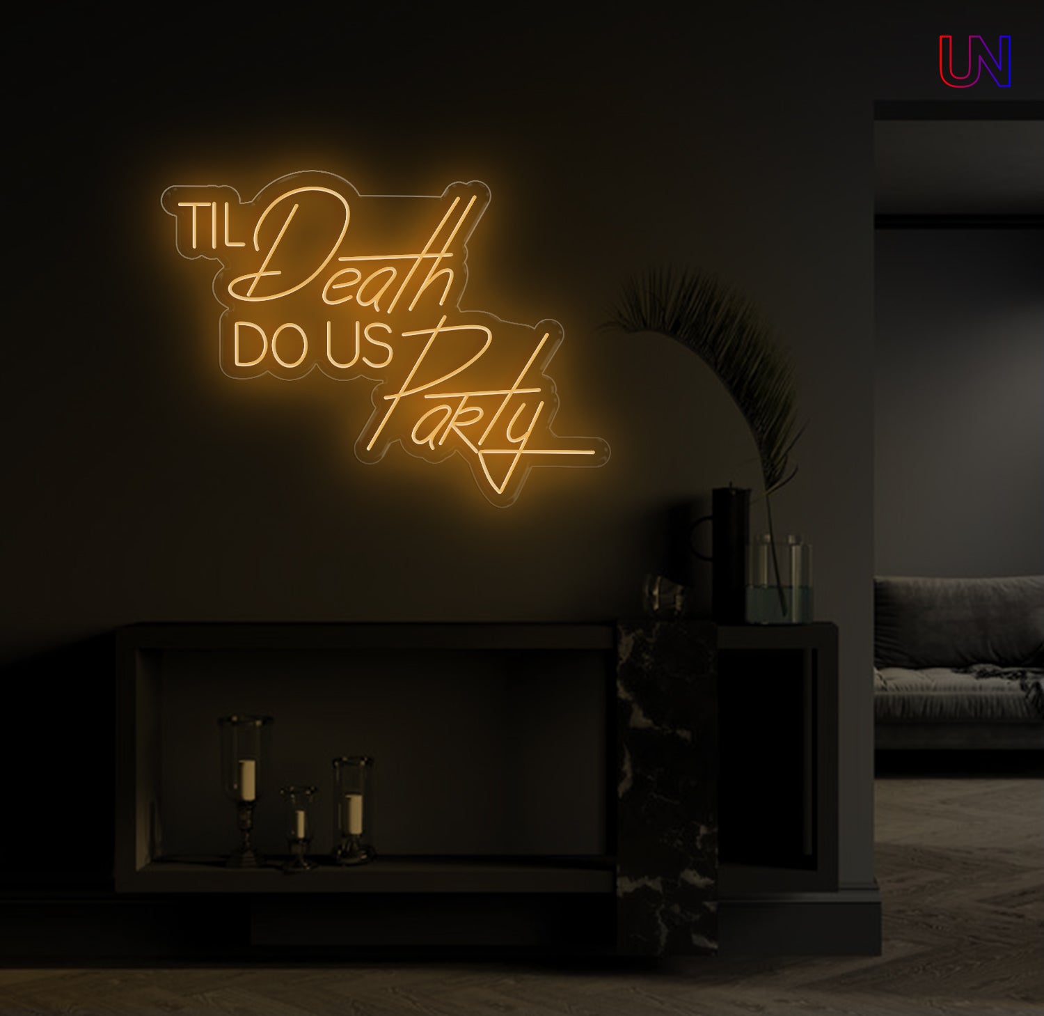 Til Death Do Us Party custom neon sign glowing on a modern wall – ideal for weddings, parties, and statement decor