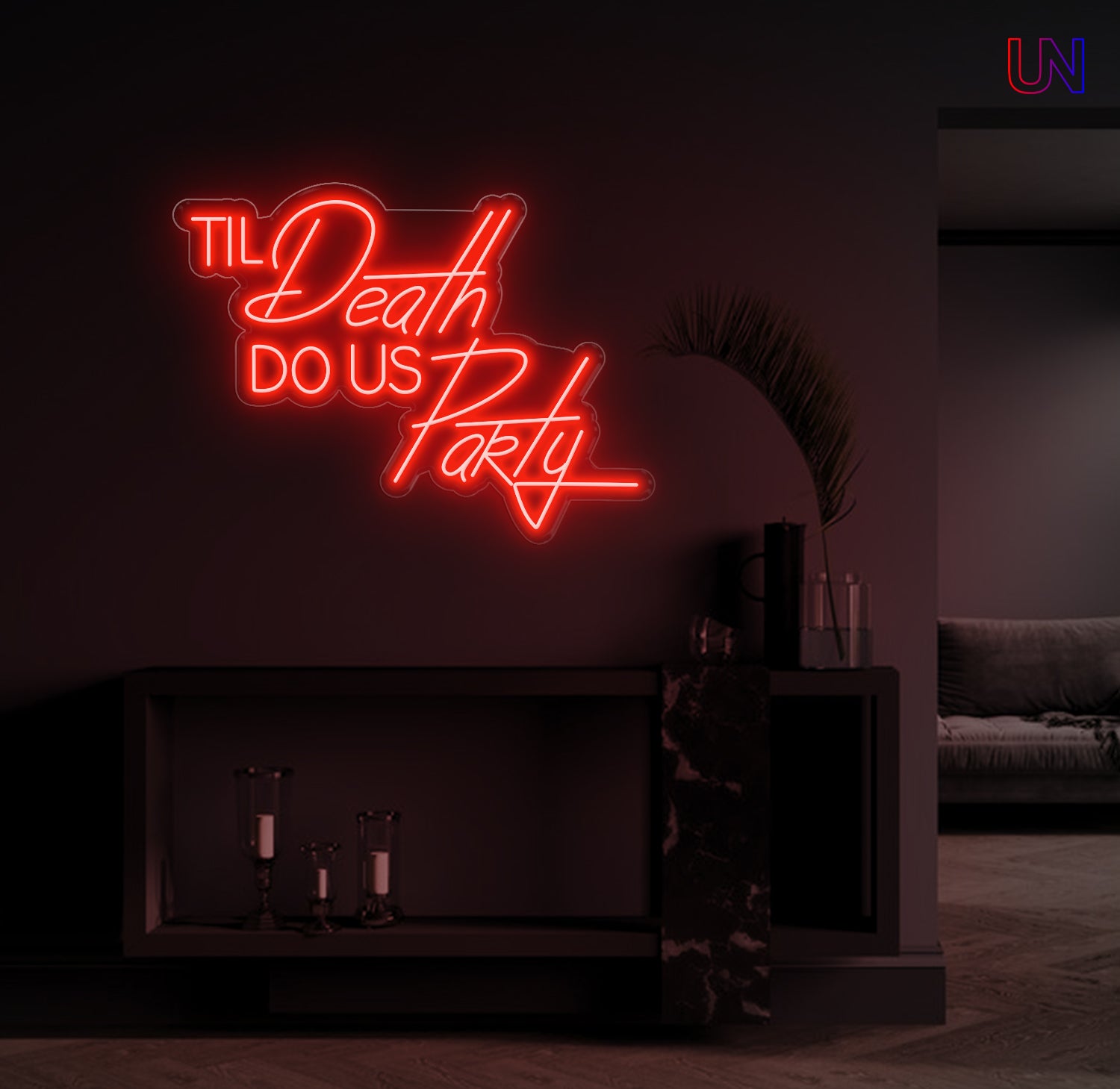 Til Death Do Us Party custom neon sign glowing on a modern wall – ideal for weddings, parties, and statement decor