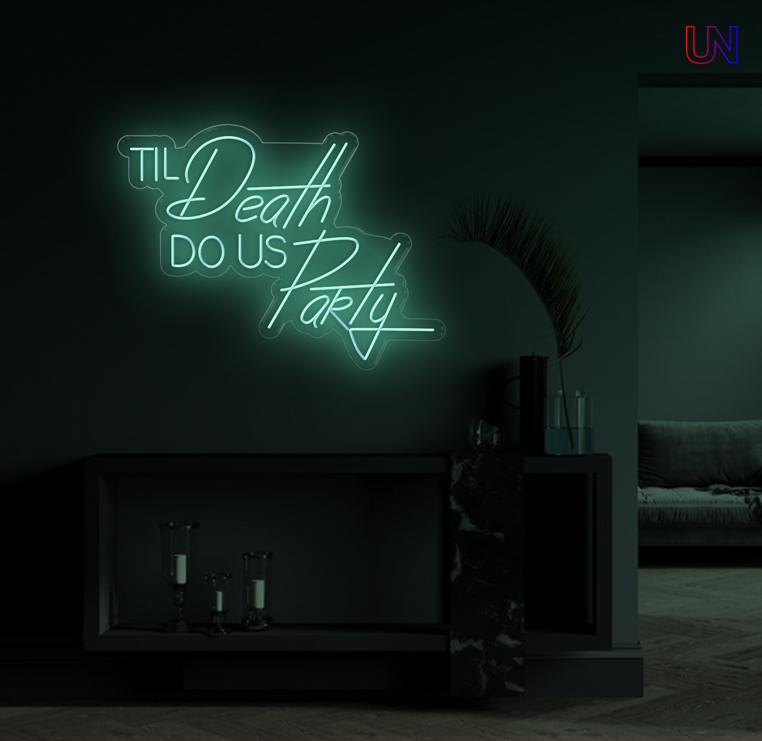 Til Death Do Us Party custom neon sign glowing on a modern wall – ideal for weddings, parties, and statement decor