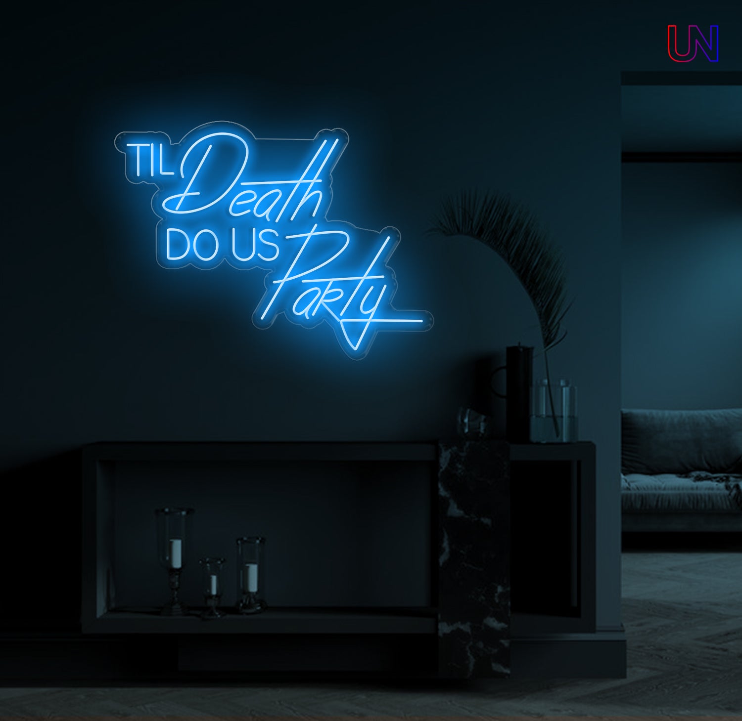 Til Death Do Us Party custom neon sign glowing on a modern wall – ideal for weddings, parties, and statement decor