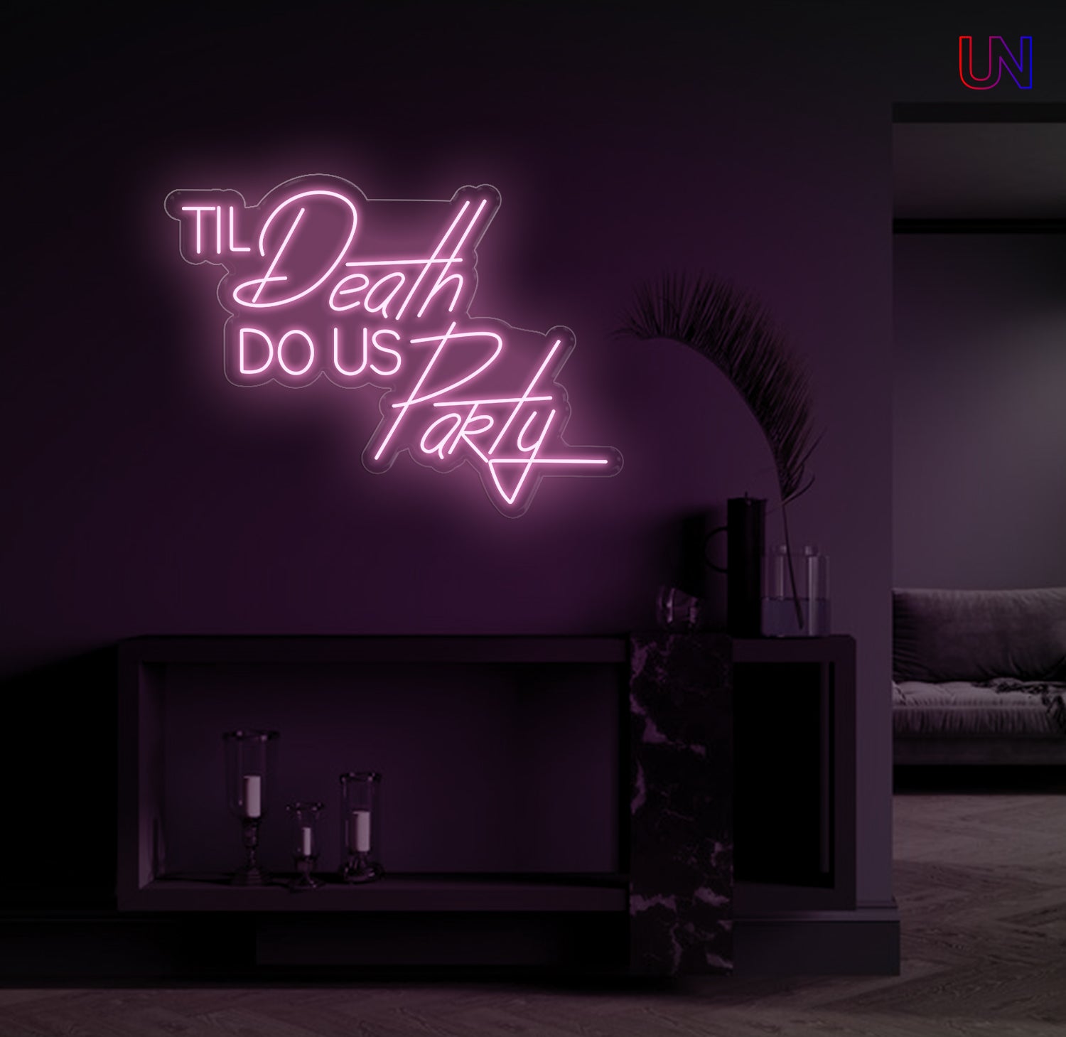 Til Death Do Us Party custom neon sign glowing on a modern wall – ideal for weddings, parties, and statement decor