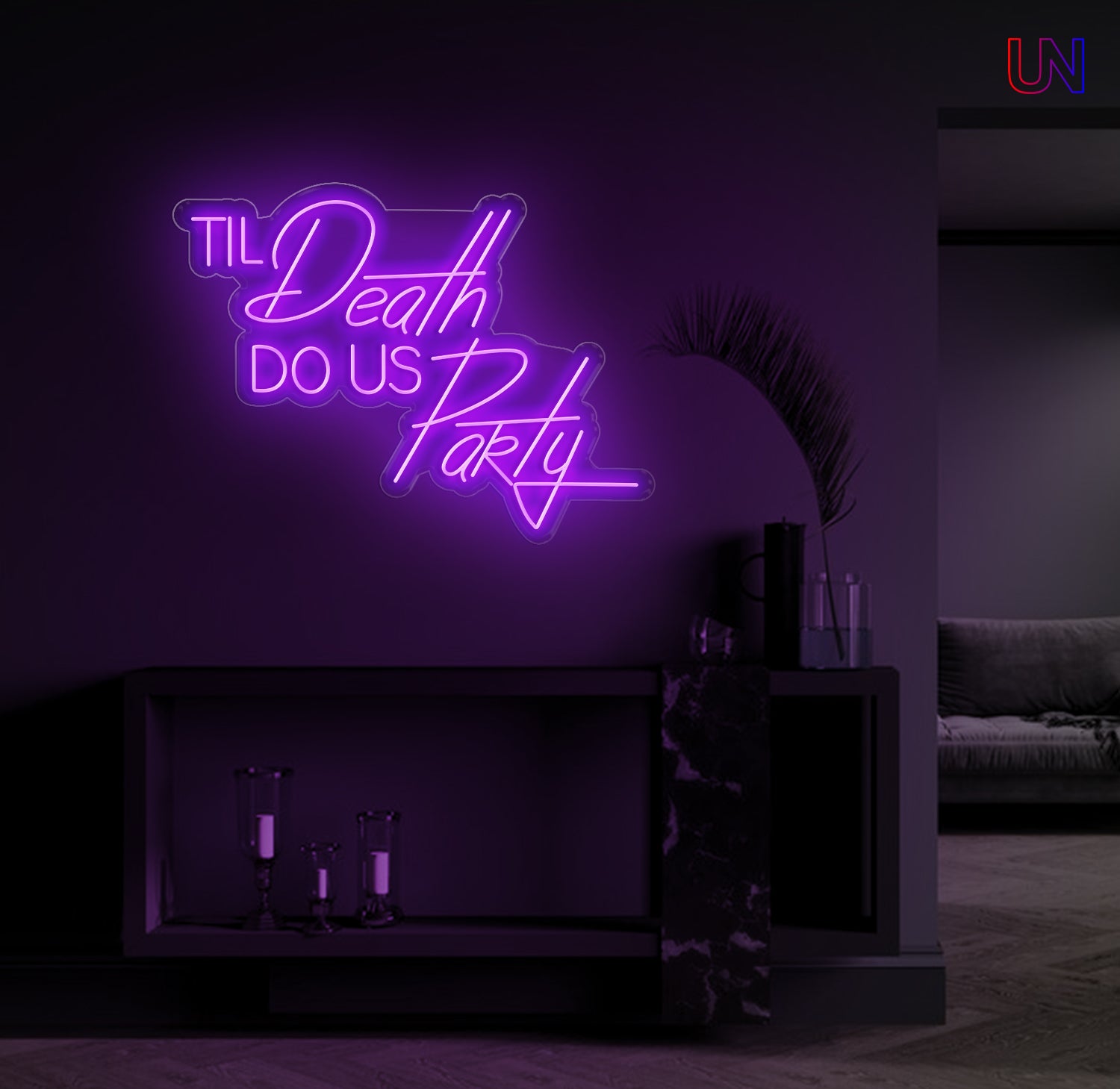 Til Death Do Us Party custom neon sign glowing on a modern wall – ideal for weddings, parties, and statement decor