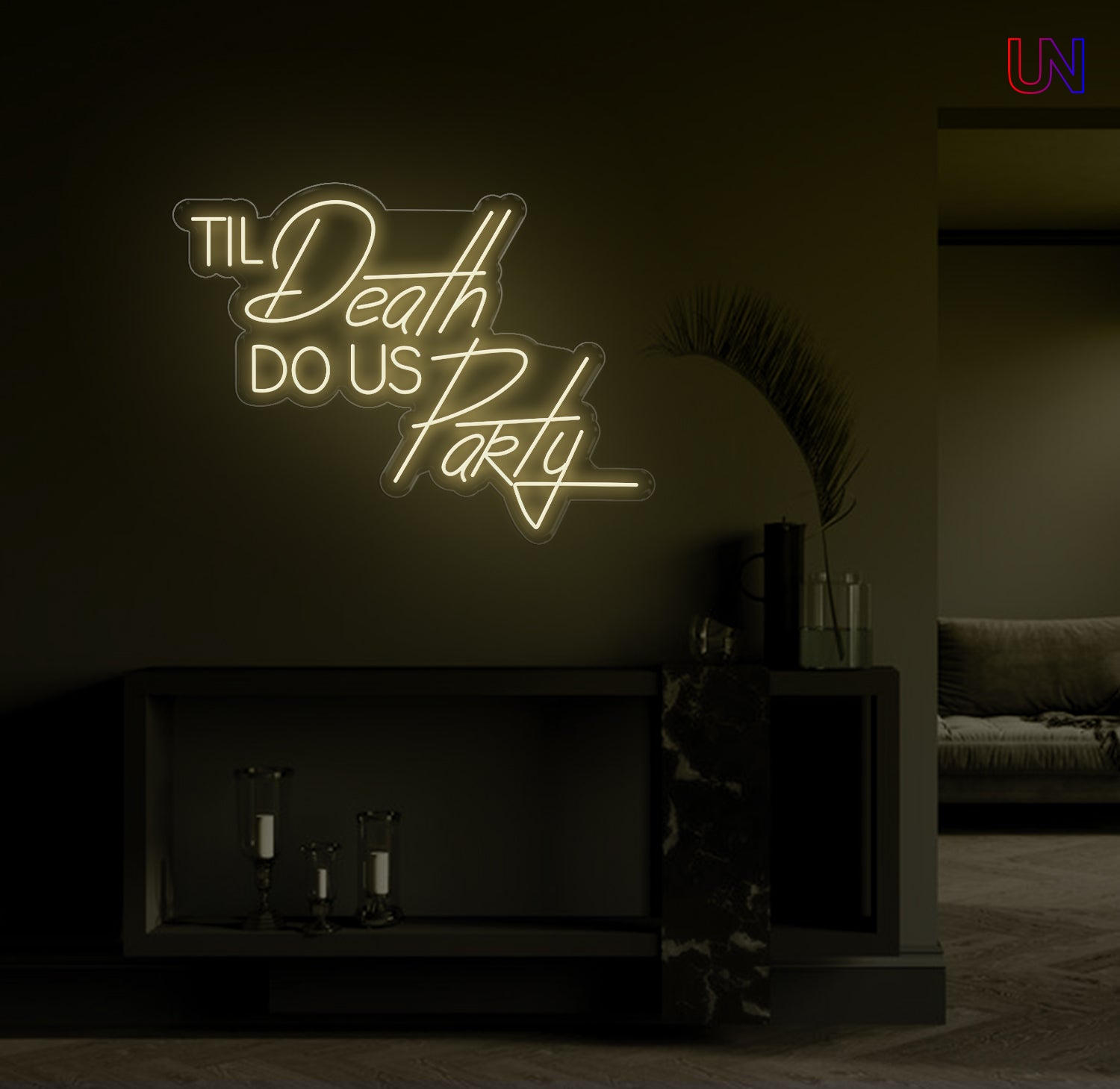 Til Death Do Us Party custom neon sign glowing on a modern wall – ideal for weddings, parties, and statement decor