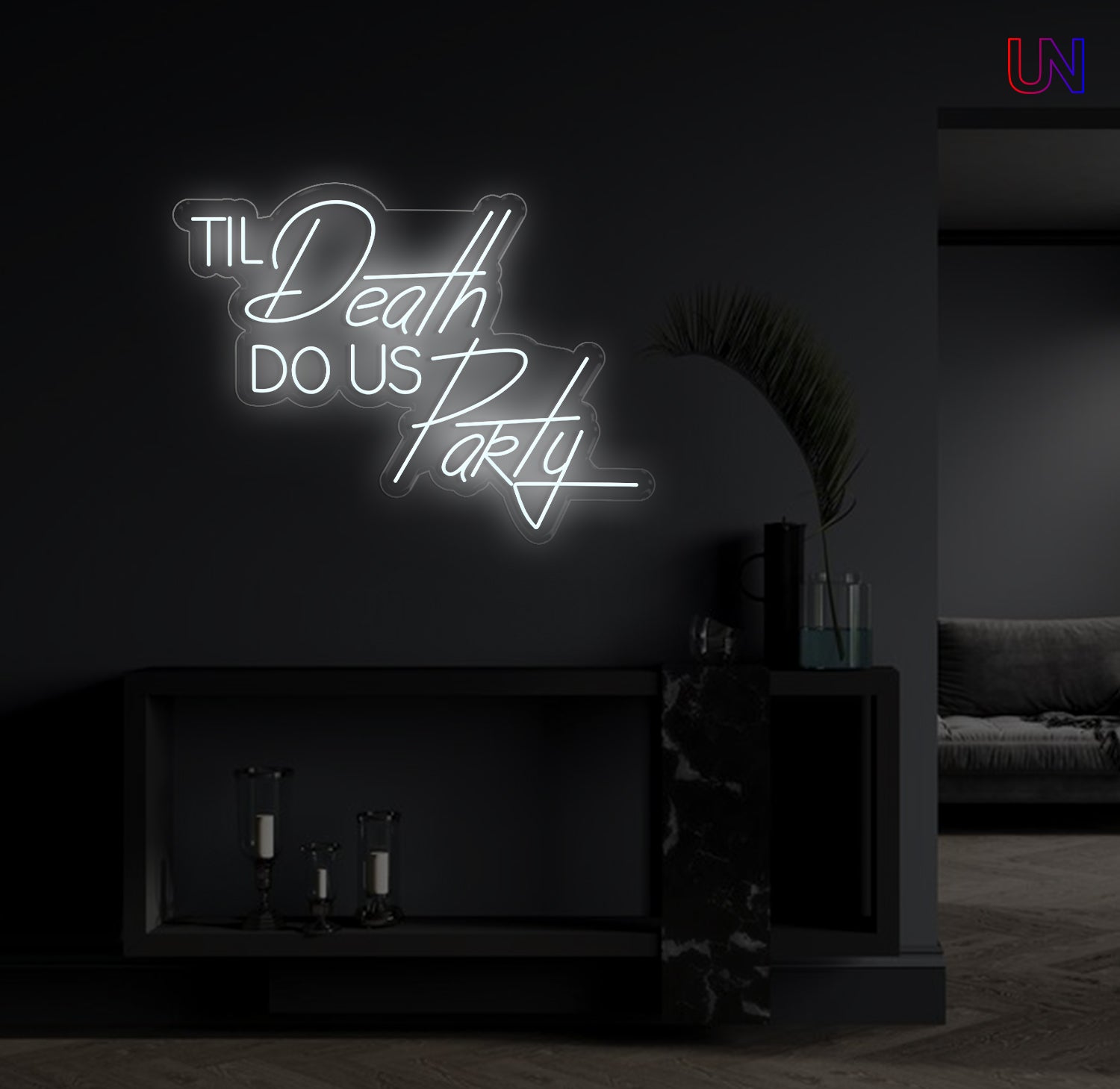 Til Death Do Us Party custom neon sign glowing on a modern wall – ideal for weddings, parties, and statement decor