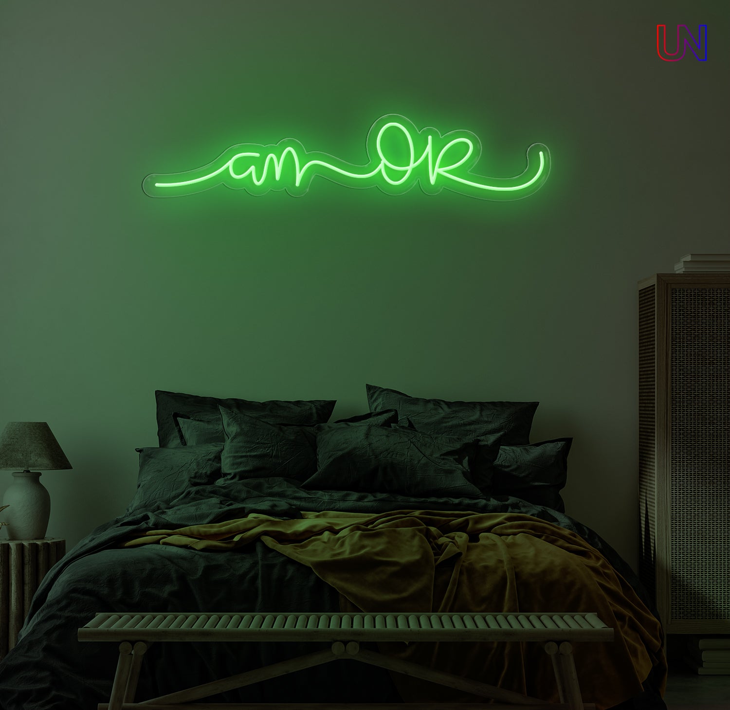 “Am Okay” handwritten-style custom neon sign glowing softly above a cozy bed setup
