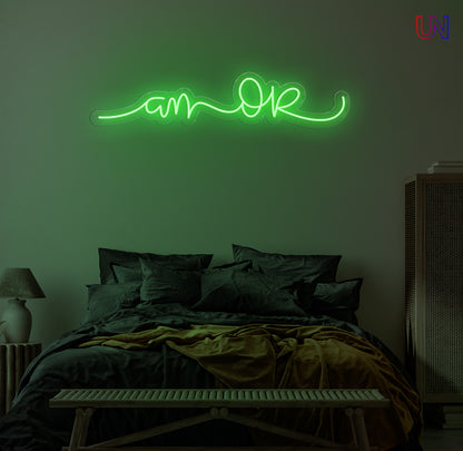“Am Okay” handwritten-style custom neon sign glowing softly above a cozy bed setup