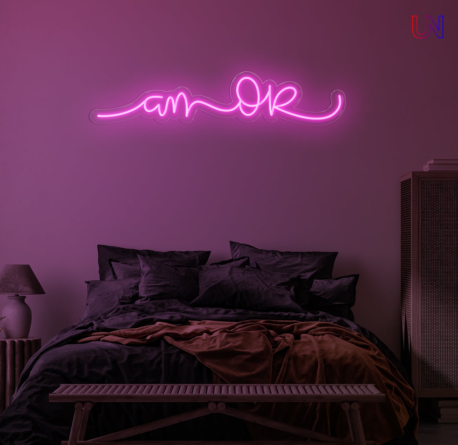 “Am Okay” handwritten-style custom neon sign glowing softly above a cozy bed setup