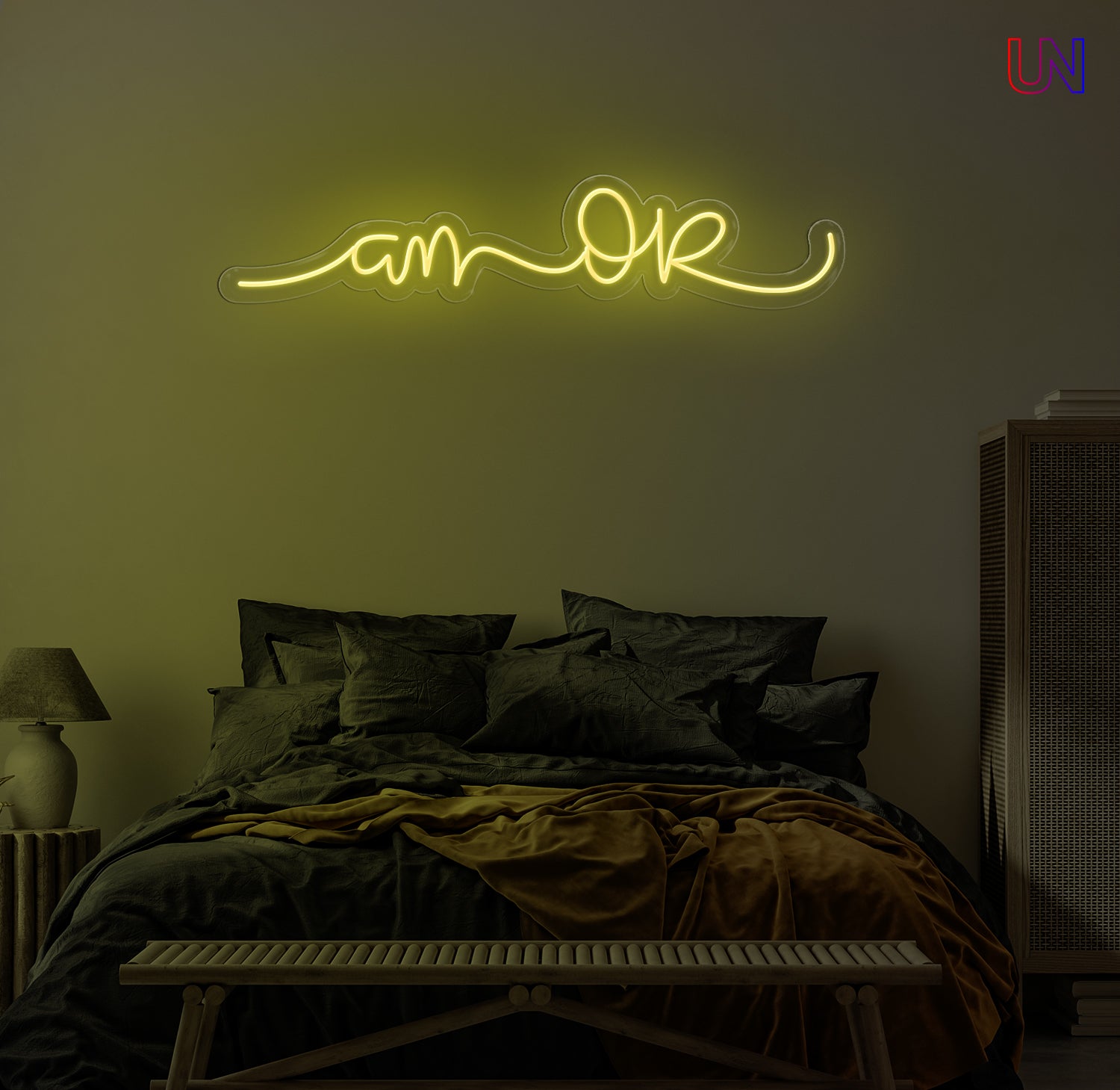 “Am Okay” handwritten-style custom neon sign glowing softly above a cozy bed setup