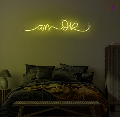 “Am Okay” handwritten-style custom neon sign glowing softly above a cozy bed setup