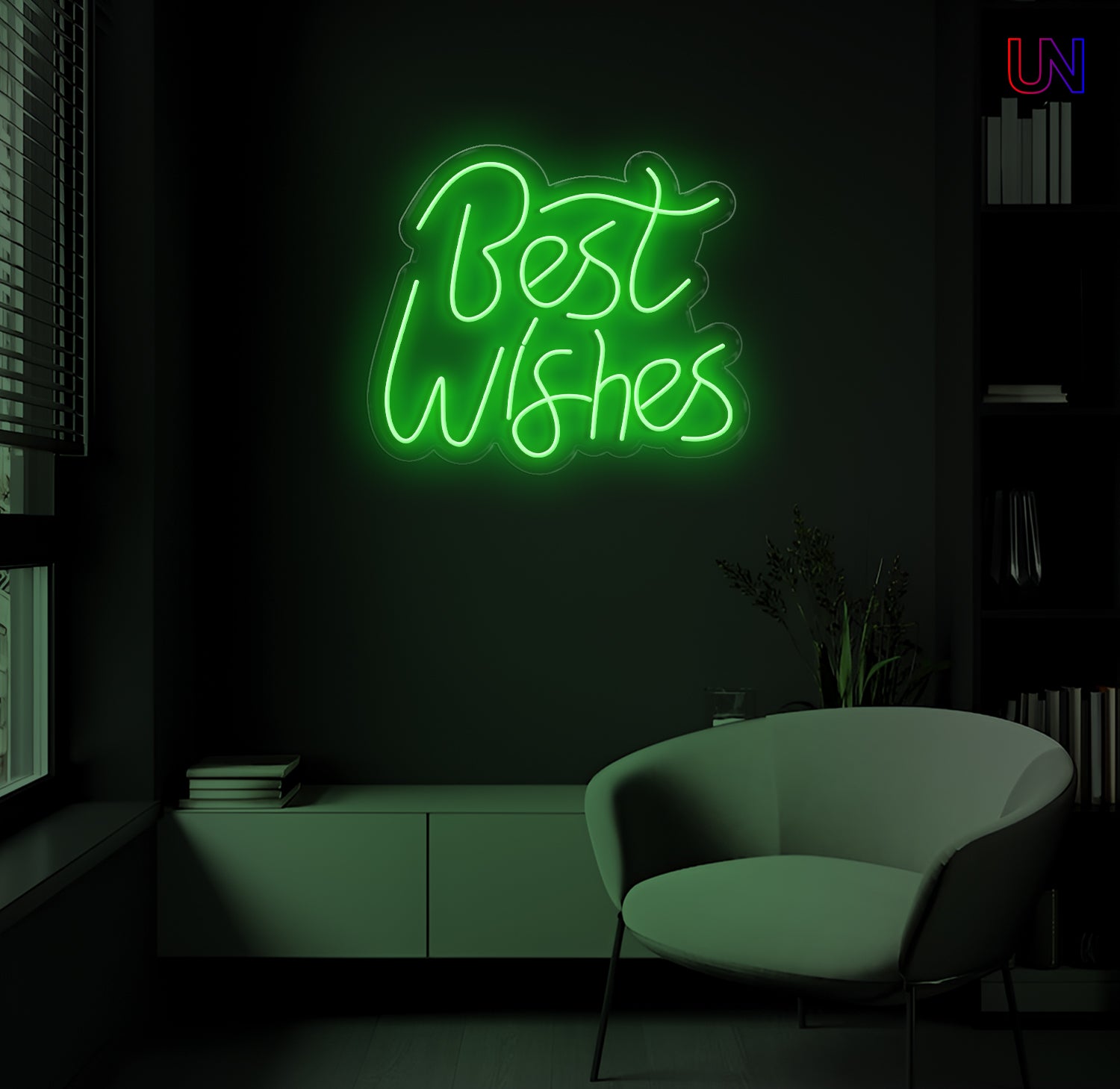 Neon sign reading 'Best Wishes' in a dark room with a chair.