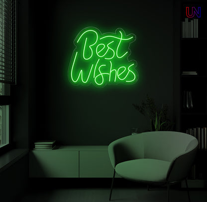 Neon sign reading 'Best Wishes' in a dark room with a chair.