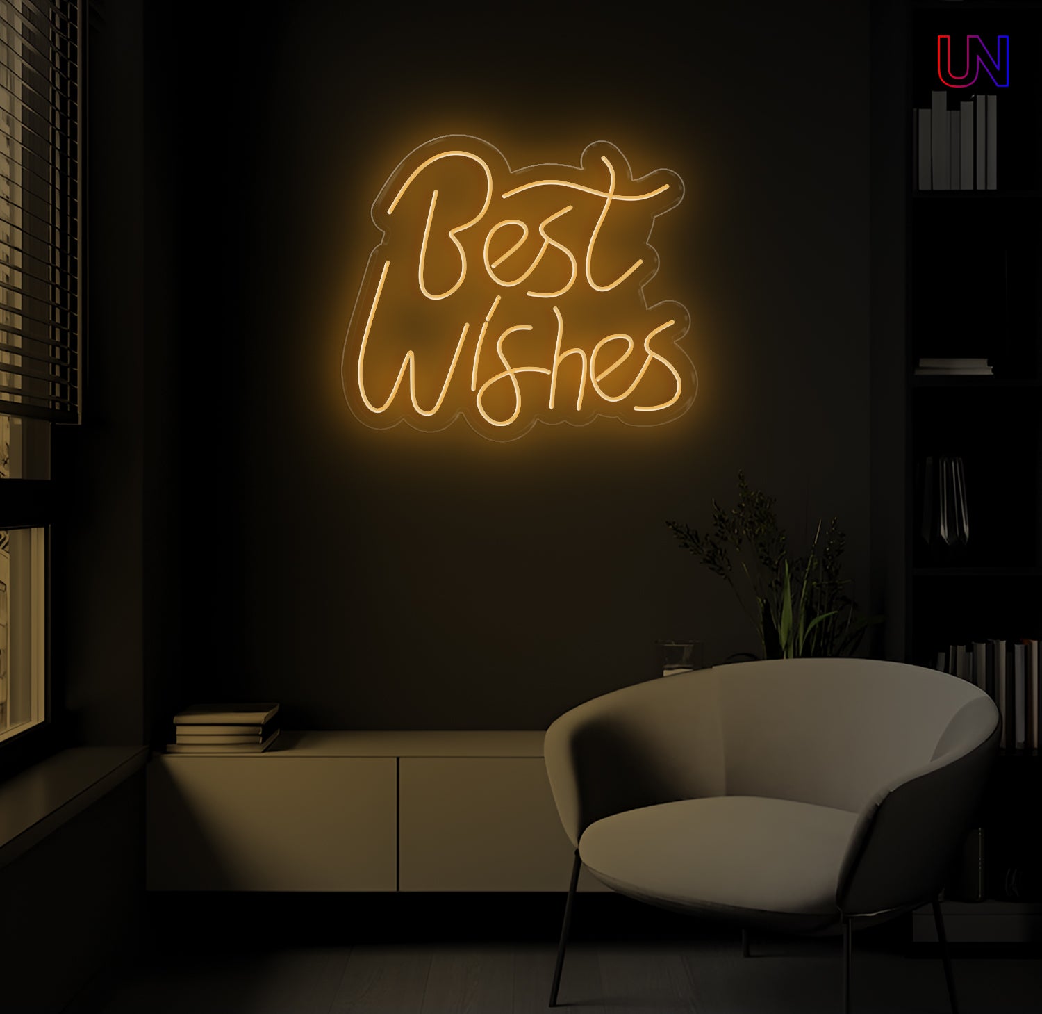 Neon sign reading 'Best Wishes' in a dark room with a chair and books.