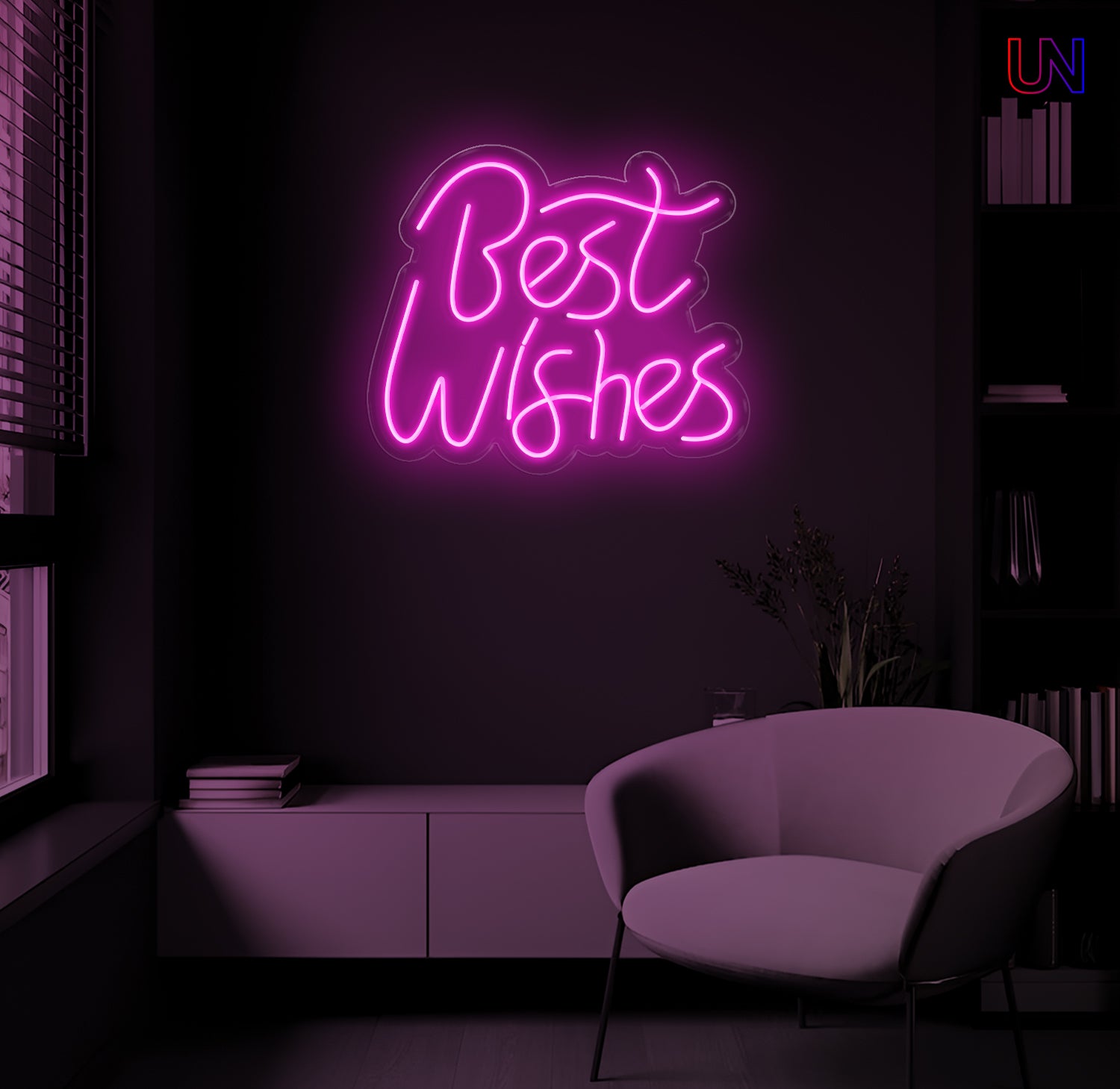 LED neon sign spelling “Best Wishes” glowing on a dark modern wall above a lounge chair