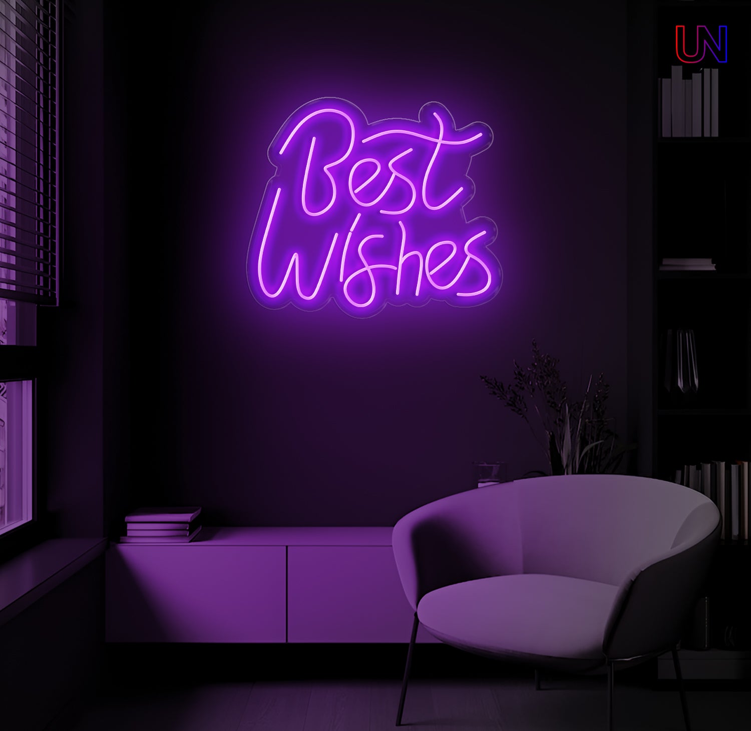 LED neon sign spelling “Best Wishes” glowing on a dark modern wall above a lounge chair